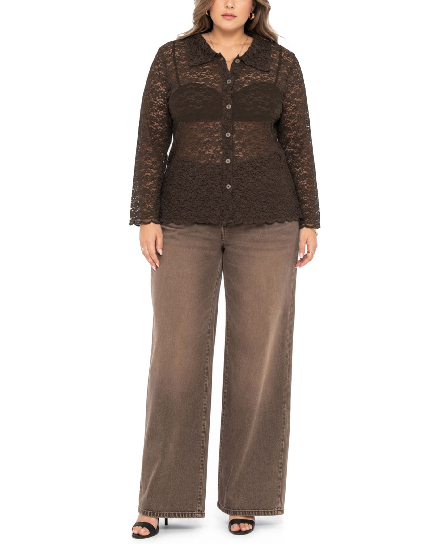 Женская рубашка COIN 1804 Plus Size Long-Sleeve Lace Floral-Edge, цвет: Коричневый — фото 2