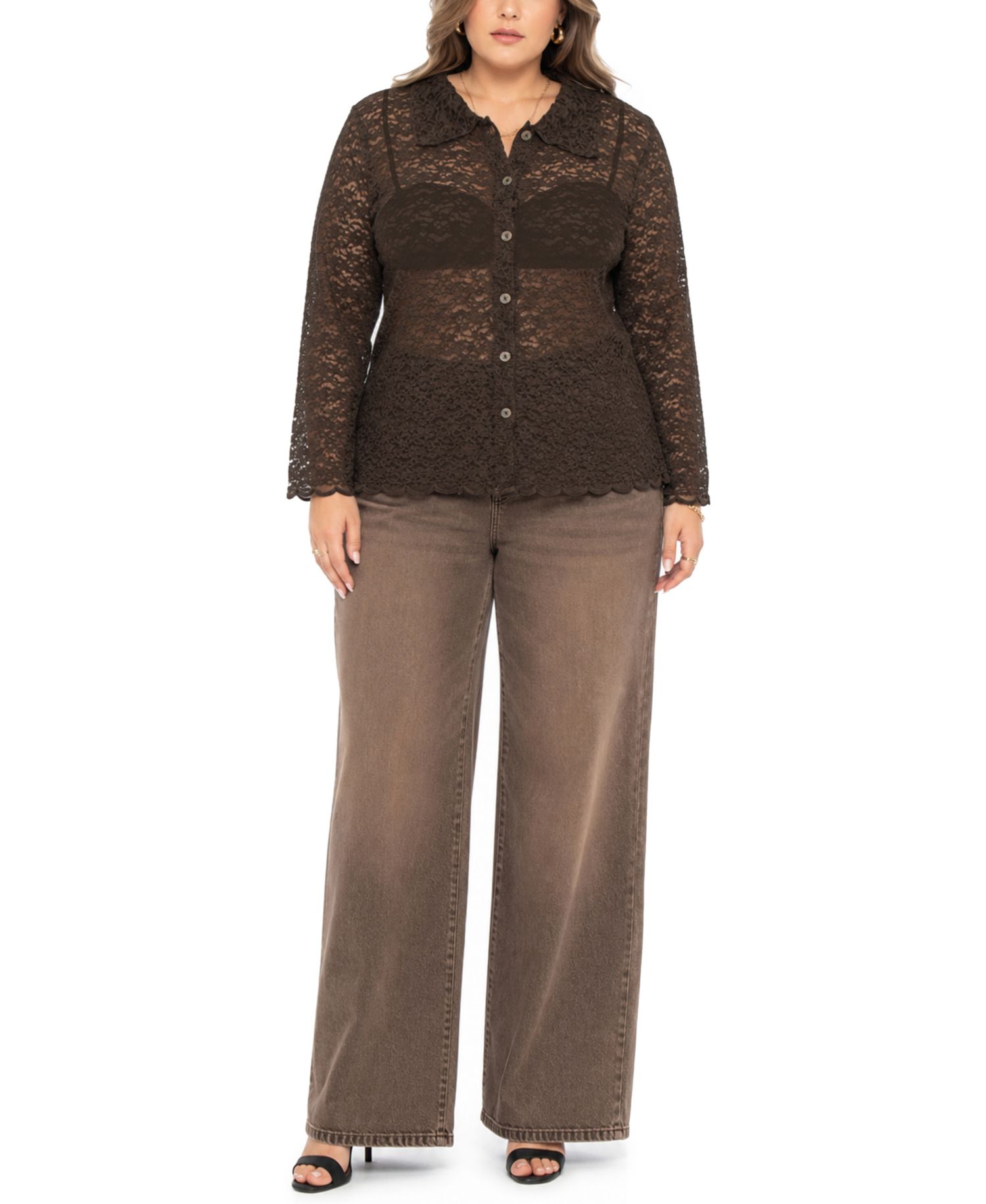 Plus Size Long-Sleeve Lace Floral-Edge Shirt