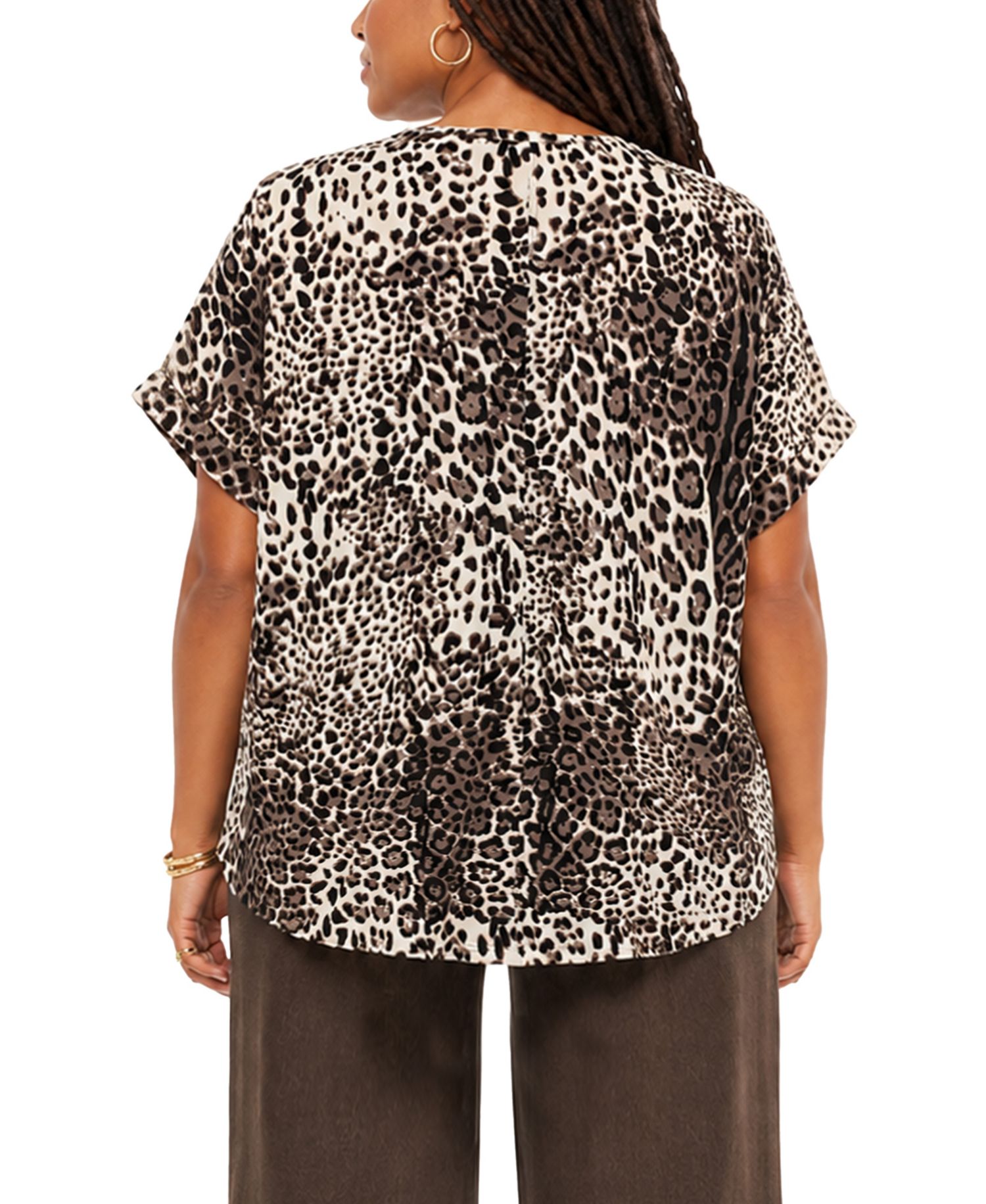 Plus Size Leopard Print Dolman Rolled-Sleeve Top