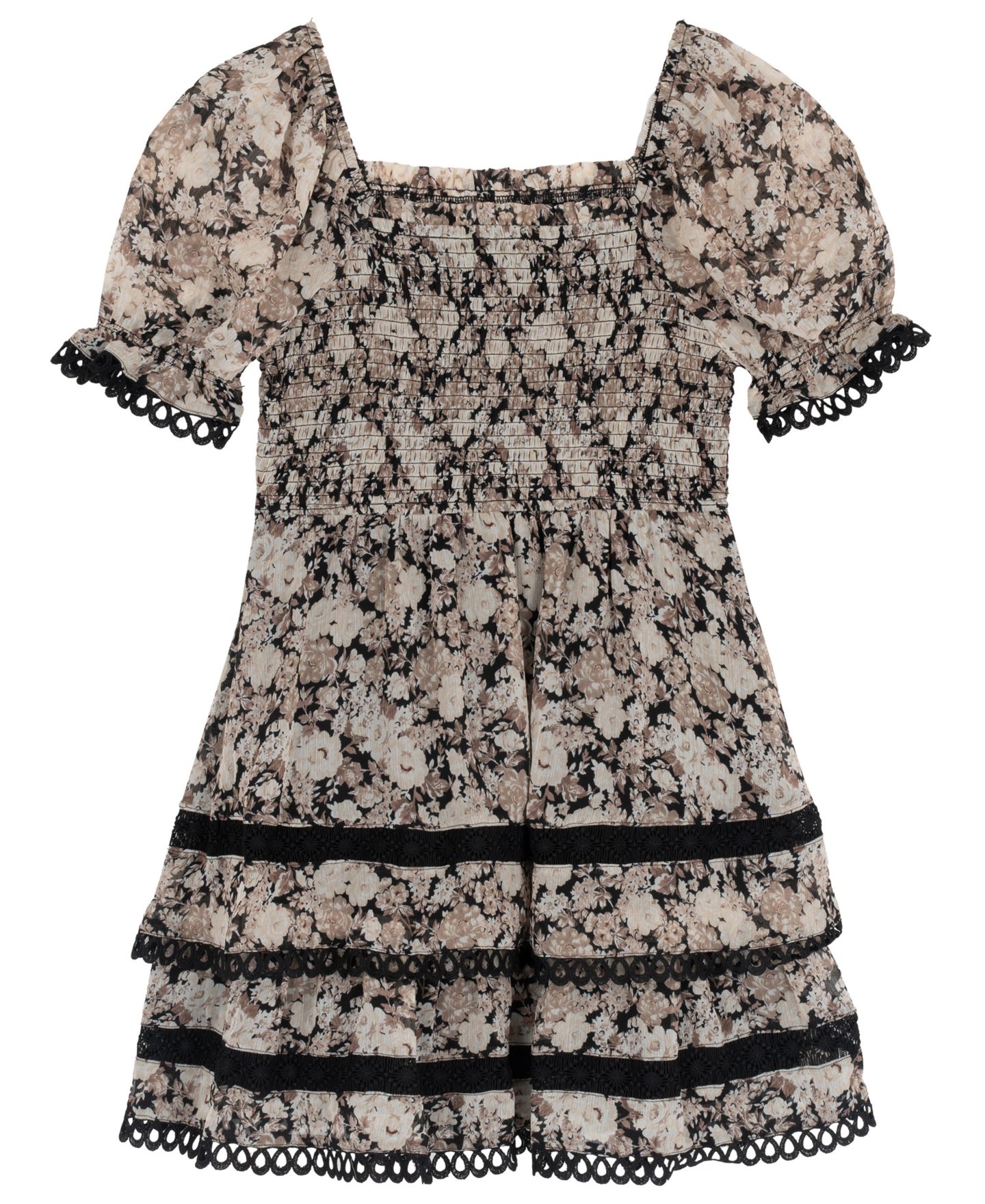 Платье Rare Editions Printed Floral Chiffon Puff Sleeve Smocked Bodice Dress для девочек, цвет: Чёрный — фото 4