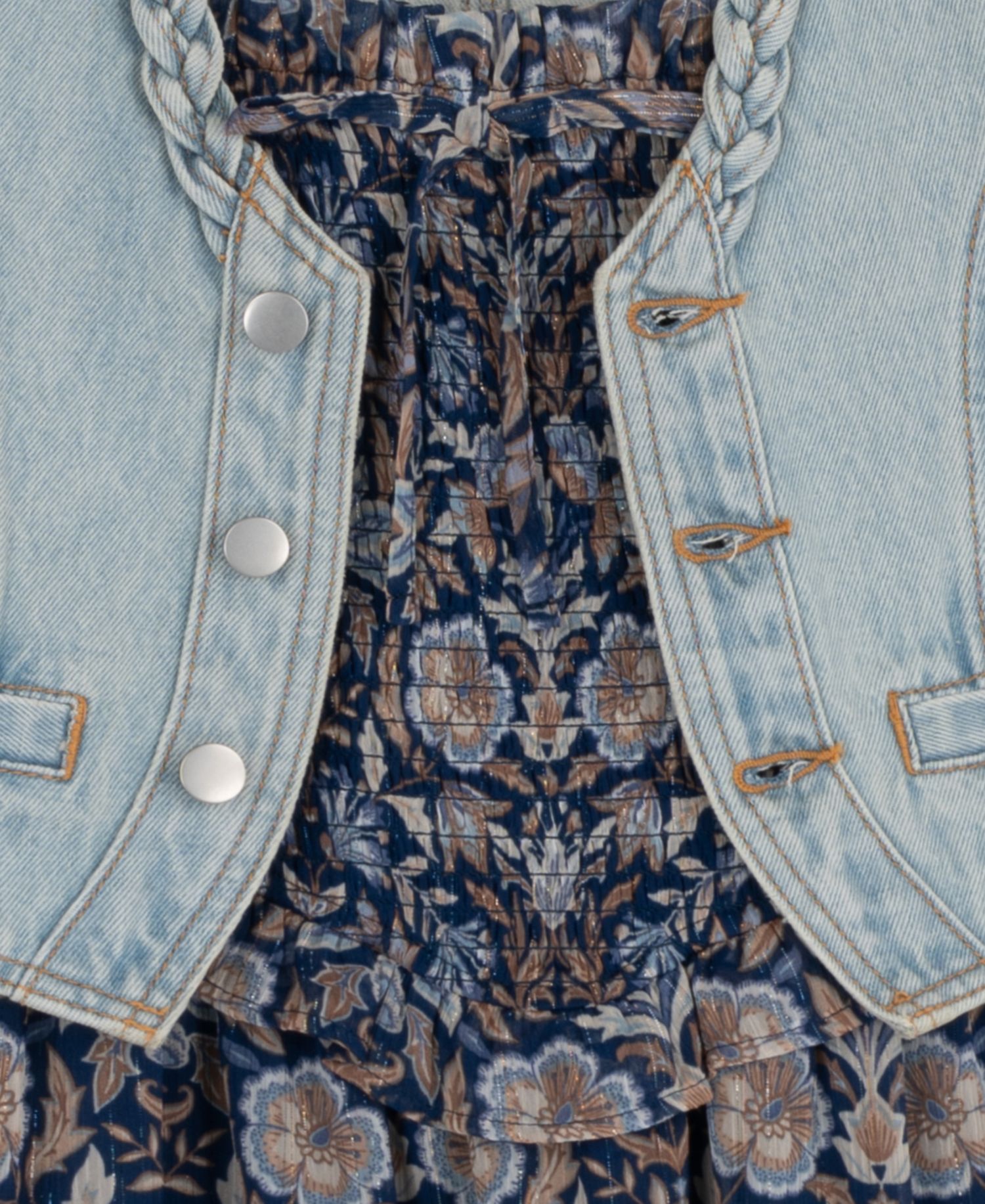 Girls' 7-16 Floral Print Sleeveless Dress and Denim Vest, 2-Piece Set