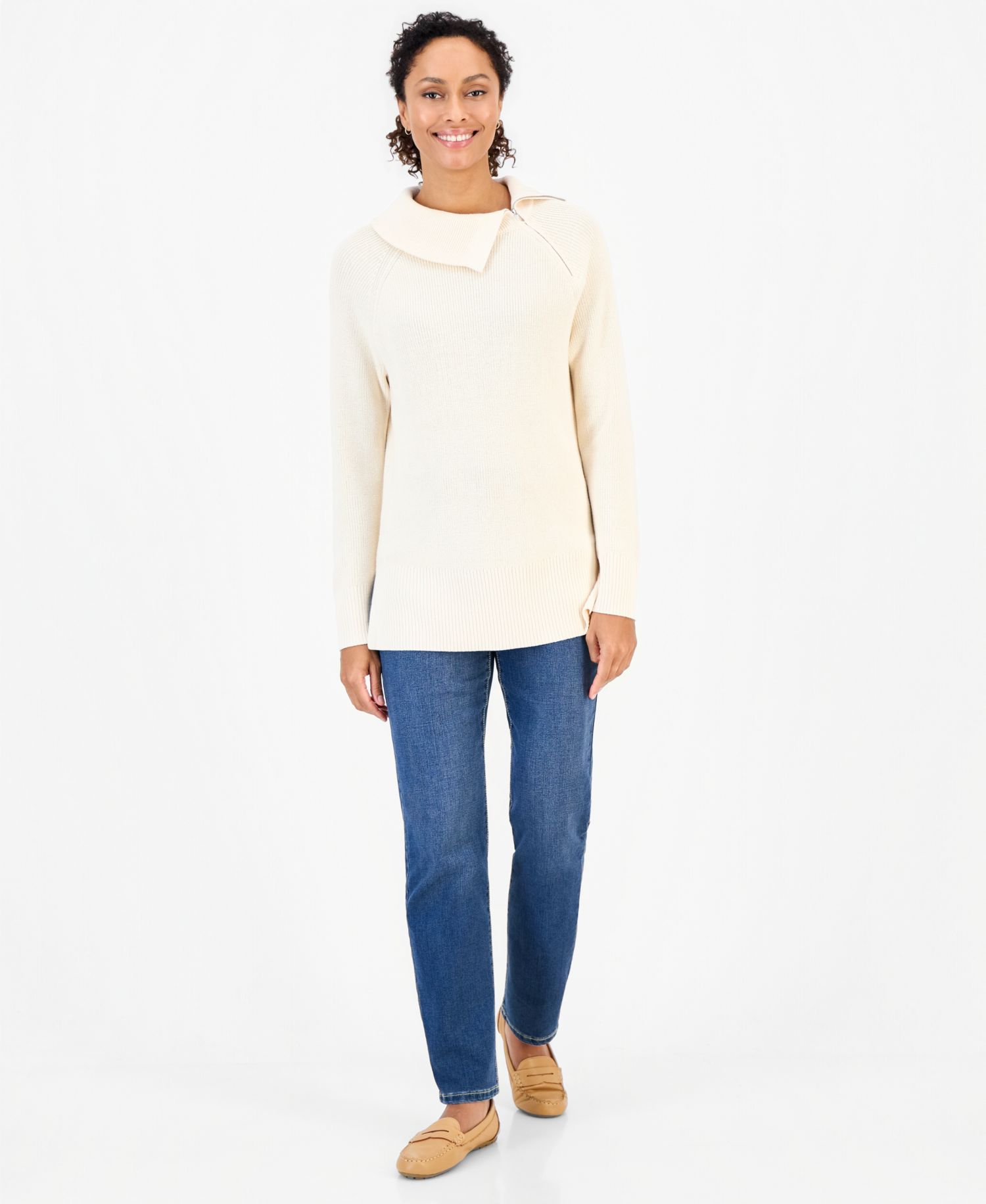 Petite High-Neck Zip Cotton Sweater