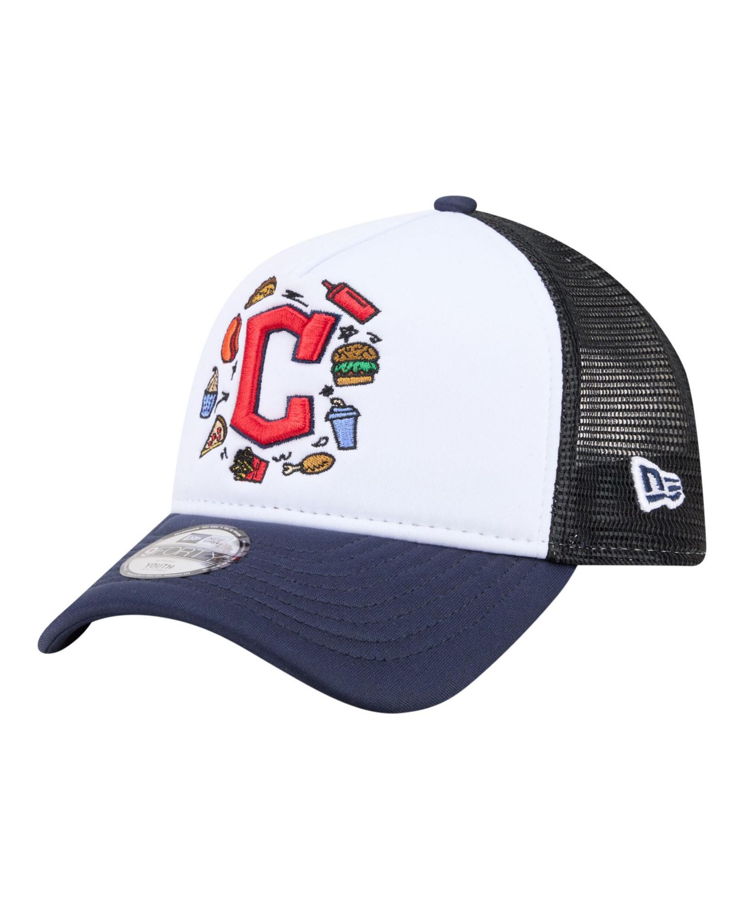 Big Boys and Girls White/Navy Cleveland Guardians Food A-Frame 9FORTY Trucker Adjustable Hat