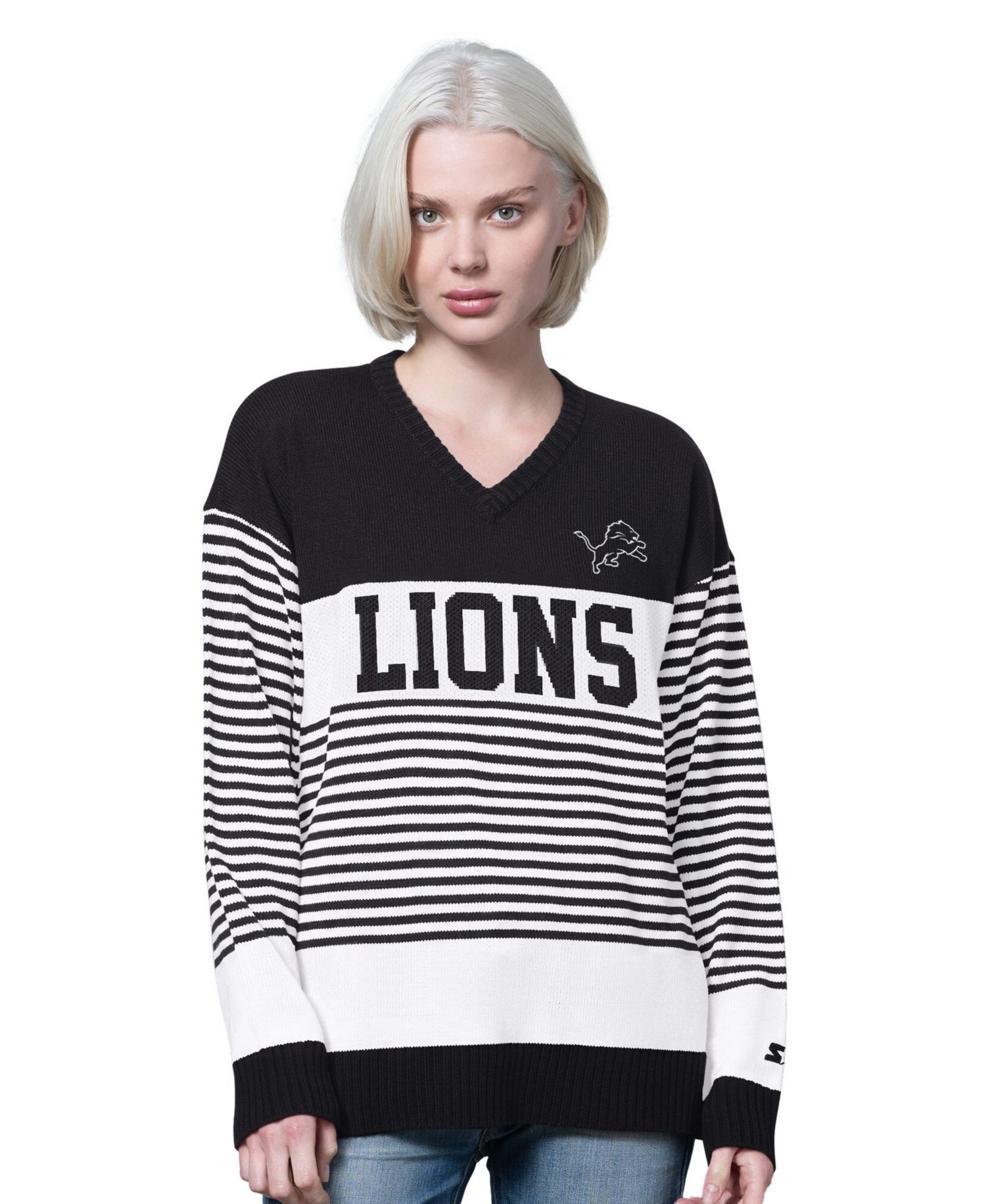 Women's Black Detroit Lions No Huddle Striped V-Neck Sweater
