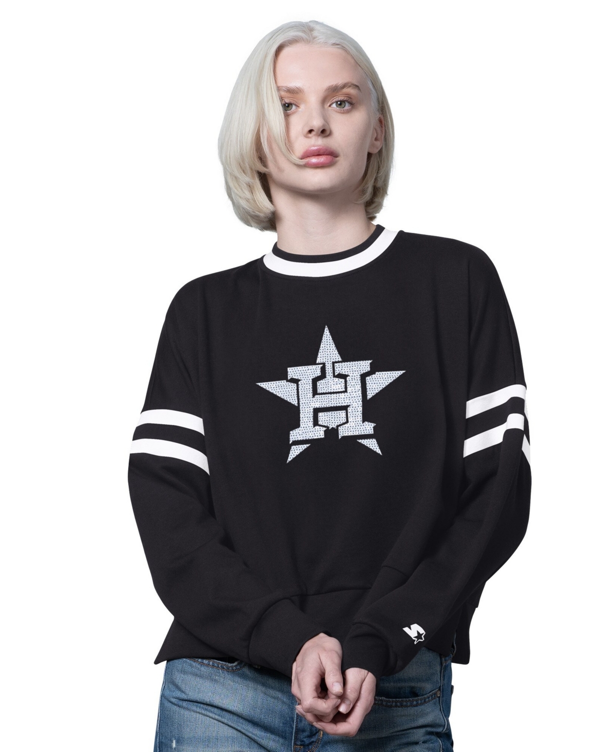 Starter Women's Black Houston Astros Rally Cropped Drop Shoulder Crewneck Sweatshirt