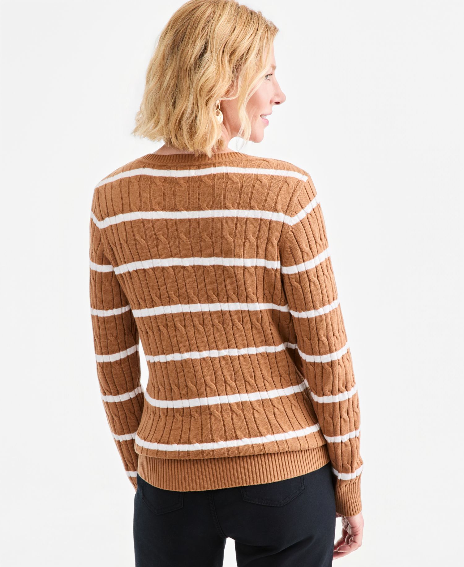 Petite Cotton Cable-Knit V-Neck Sweater