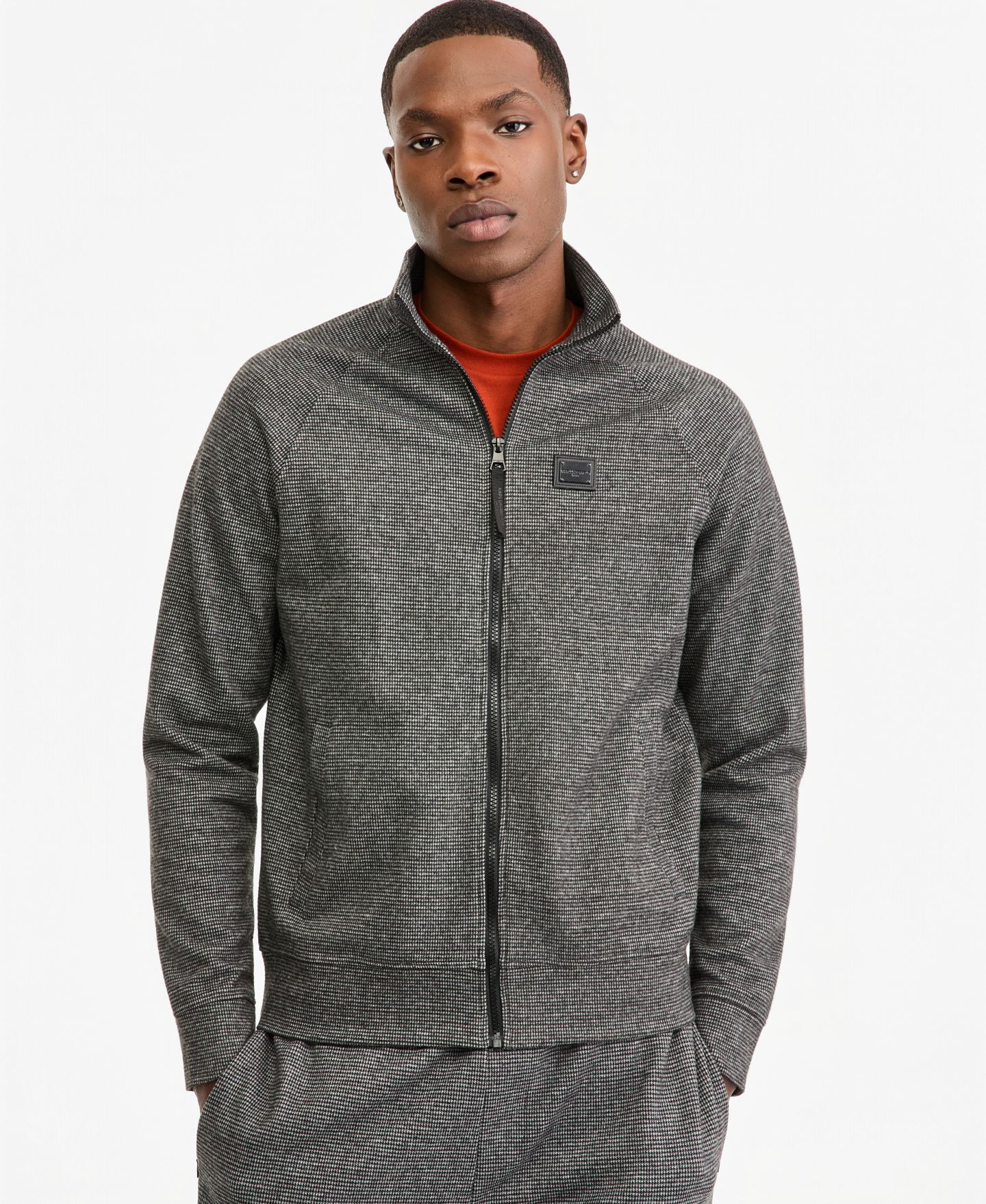 Мужская куртка KARL LAGERFELD PARIS Heathered Full-Zip Stand Collar Track, цвет: Серый / Чёрный — фото 1