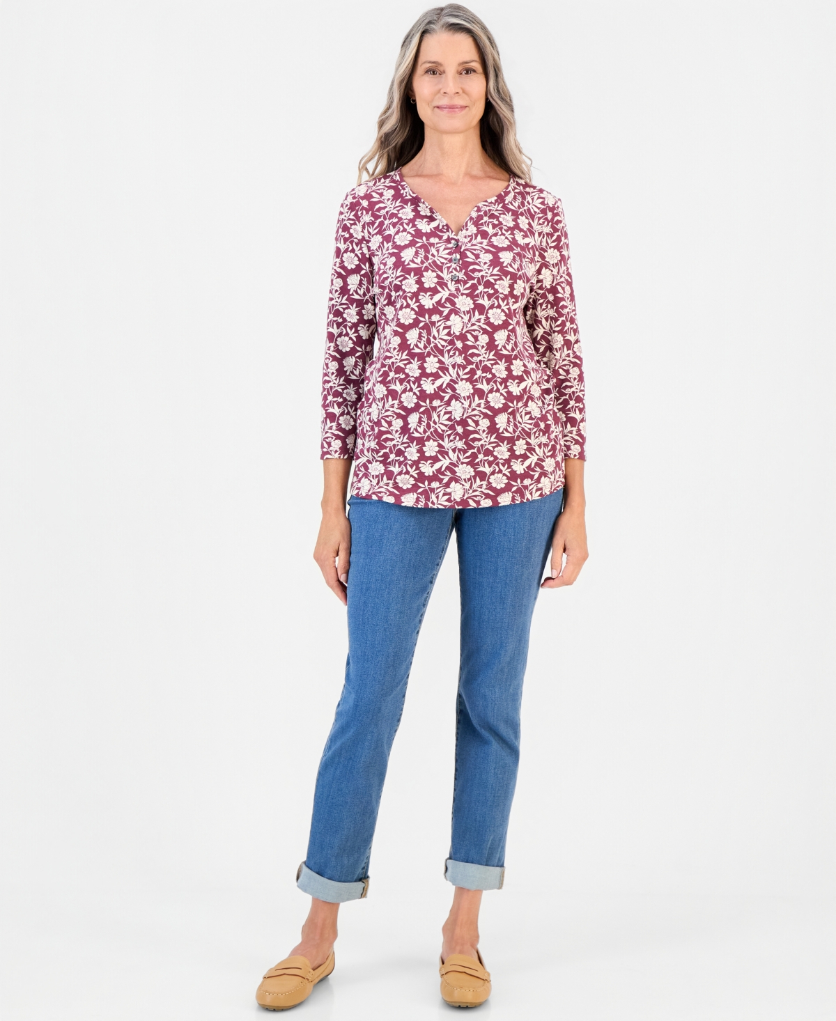 Style & Co Women's Printed 3/4 Sleeve Henley Top, Macy's Exclusive