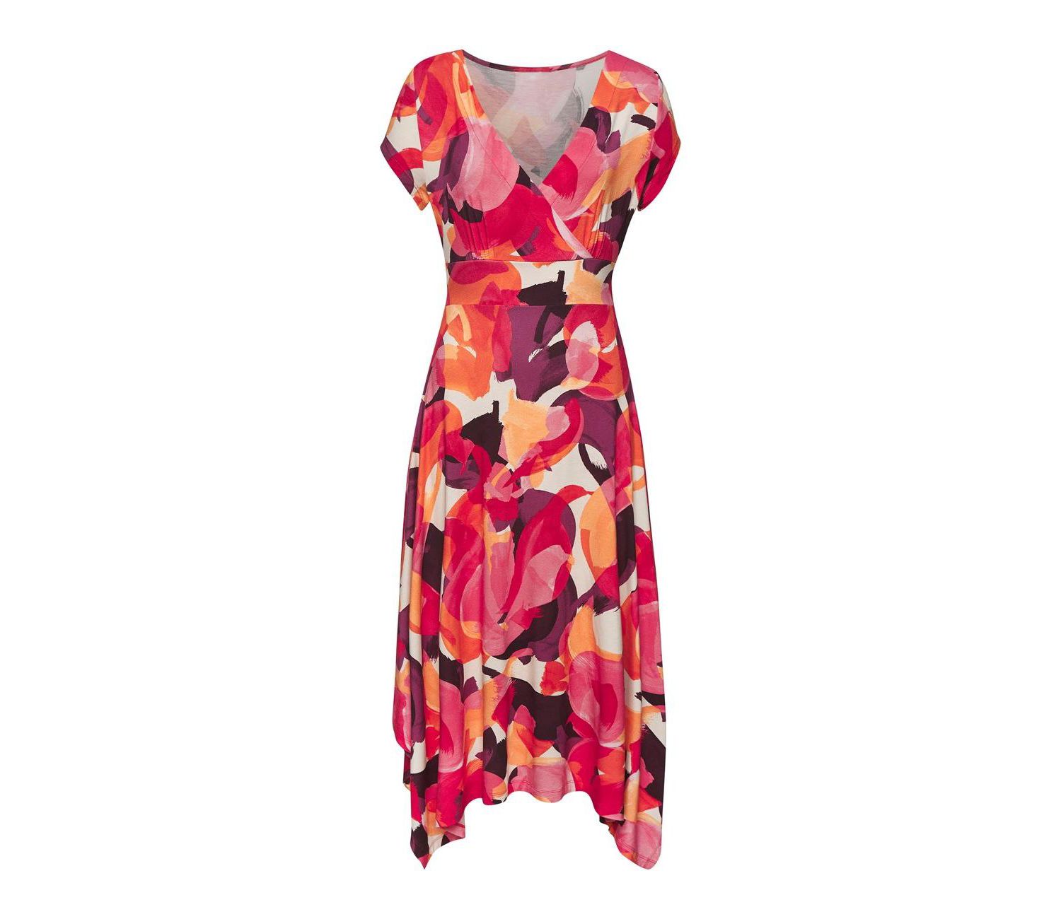 Women's Viscose Printed Handkerchief V-Neck Tie-Waist Midi Dress