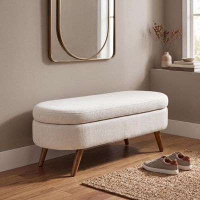 Oval Storage Ottoman Bench with Pleated Fabric Upholstery and Rubber Wood Legs, Footstool and Extra Seat
