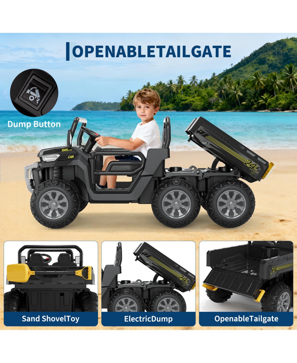 homfan 24V 2 Seater 4WD 6 Wheel Electric Ride On Dump Truck – Utv Car with Remote Control, Bed, Led Lights, MP3, Safety Belt