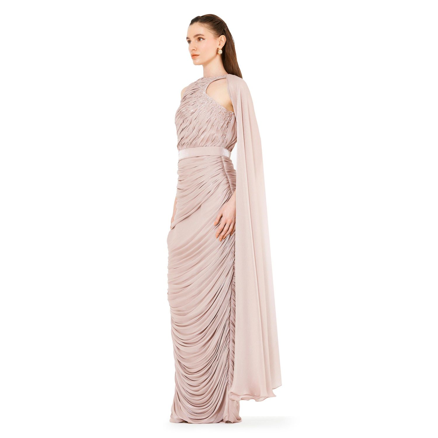 Asymmetric Cutout Ruched Dress With Single Cape Sleeve