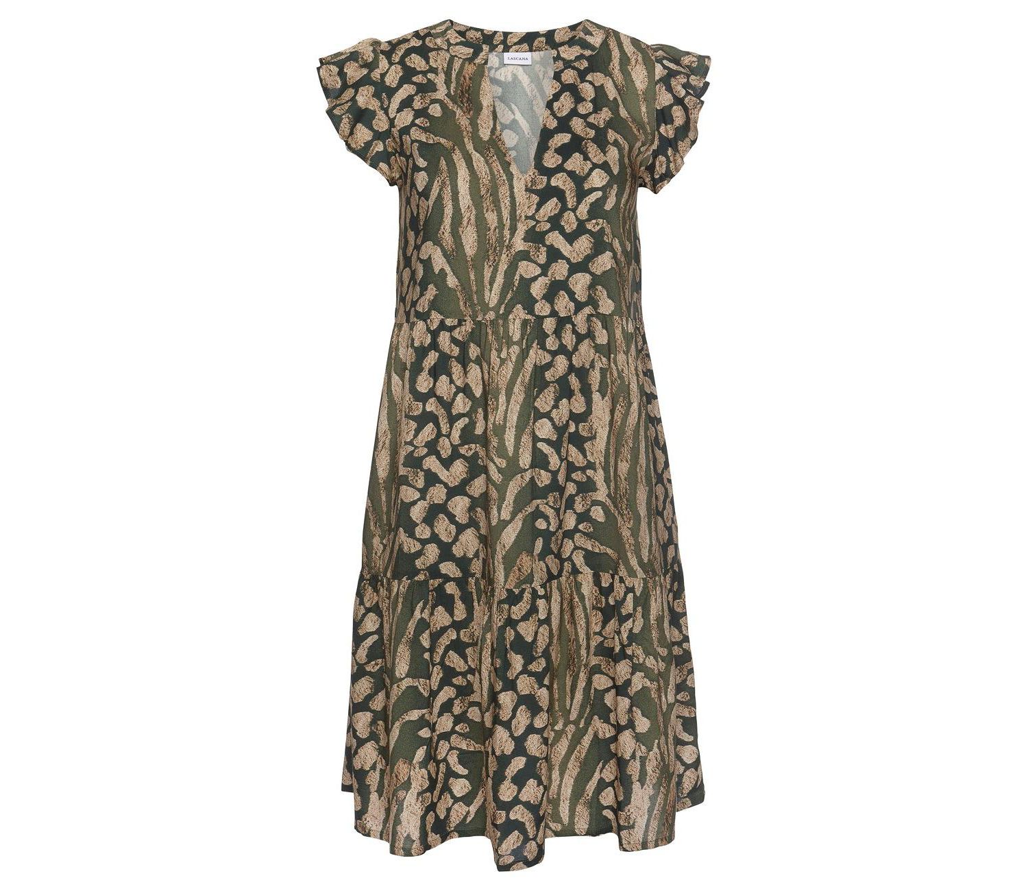 Women's Viscose Animal Print Tiered Ruffle-Trim Notch-Neck Short Dress