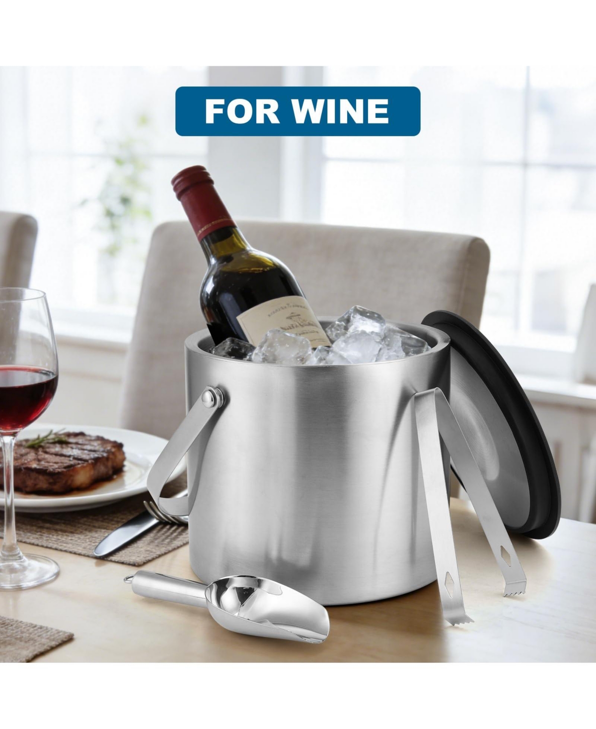 Piscifun Portable Double Wall Stainless Steel Insulated Ice Bucket with Lid Scoop Tong for Party
