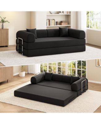 79" Convertible Sofa Bed, 4-in-1 Frameless Corduroy Folding Sofa Bed, No Assembly Required, Floor-Standing Mattress, Double Sofa with Pillows
