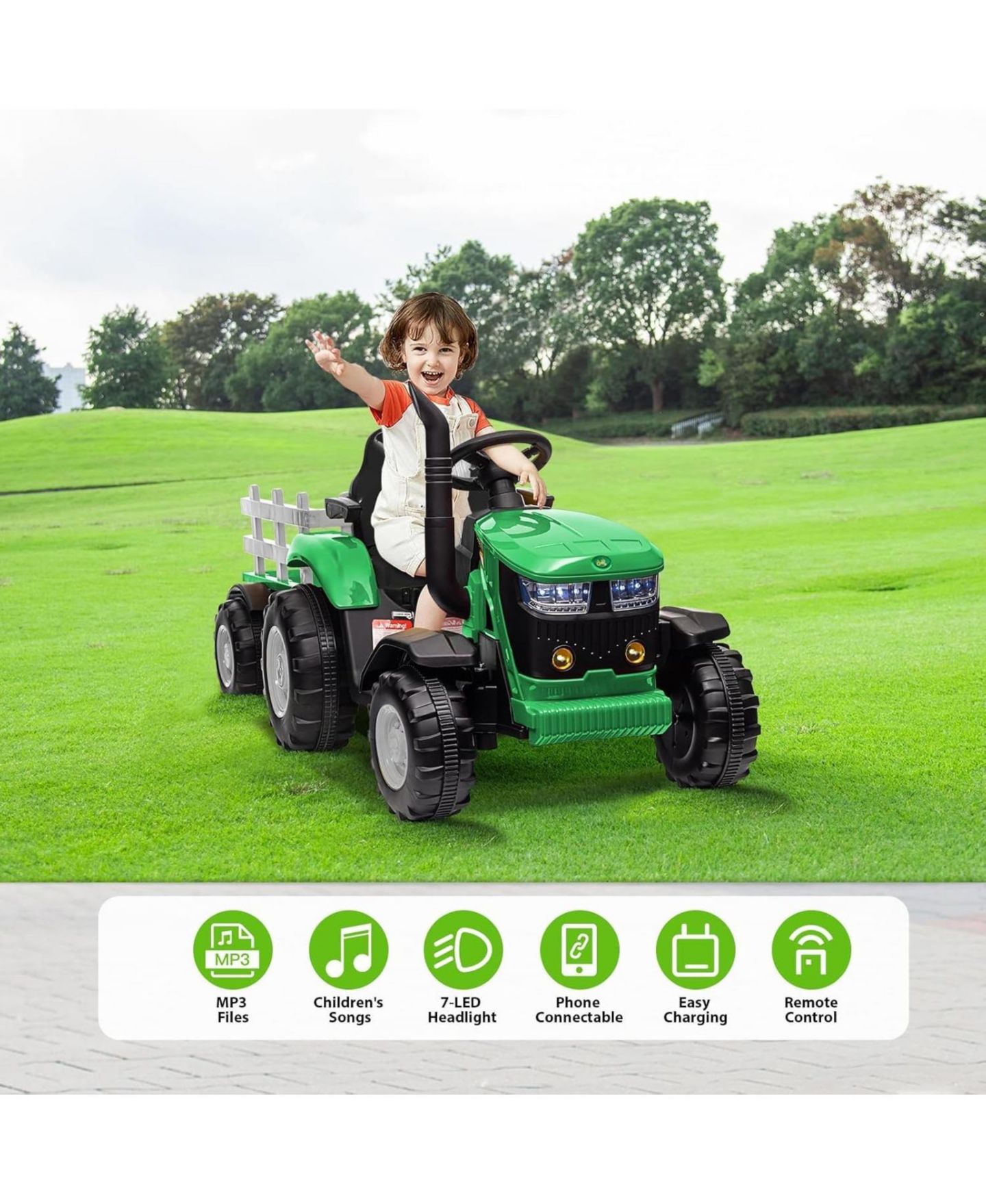 Детская игрушка homfan Ride on Tractor 12V Battery Remote Control with Detachable Trailer, 66 lb. Capacity, от 3 лет, цвет: Зелёный — фото 4