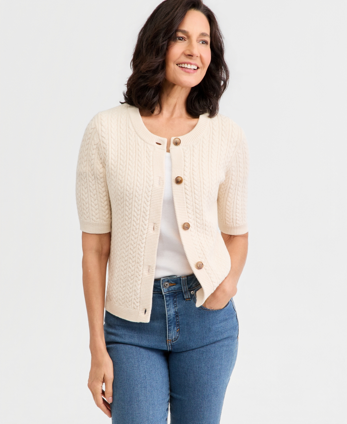 Style & Co Petite Palomino Cable-Knit Short-Sleeve Cardigan, Macy's Exclusive