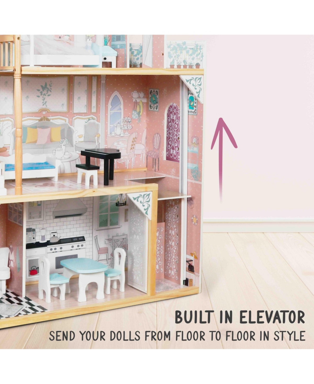 Lil' Jumbl X-Large Wooden Dollhouse, 3 Story Doll House Set w/Elevator, Stairs and Accessories