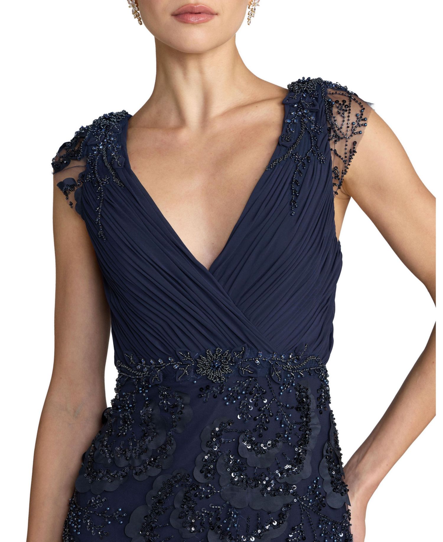 Petite Floral Beaded Chiffon V-Neck Evening Gown