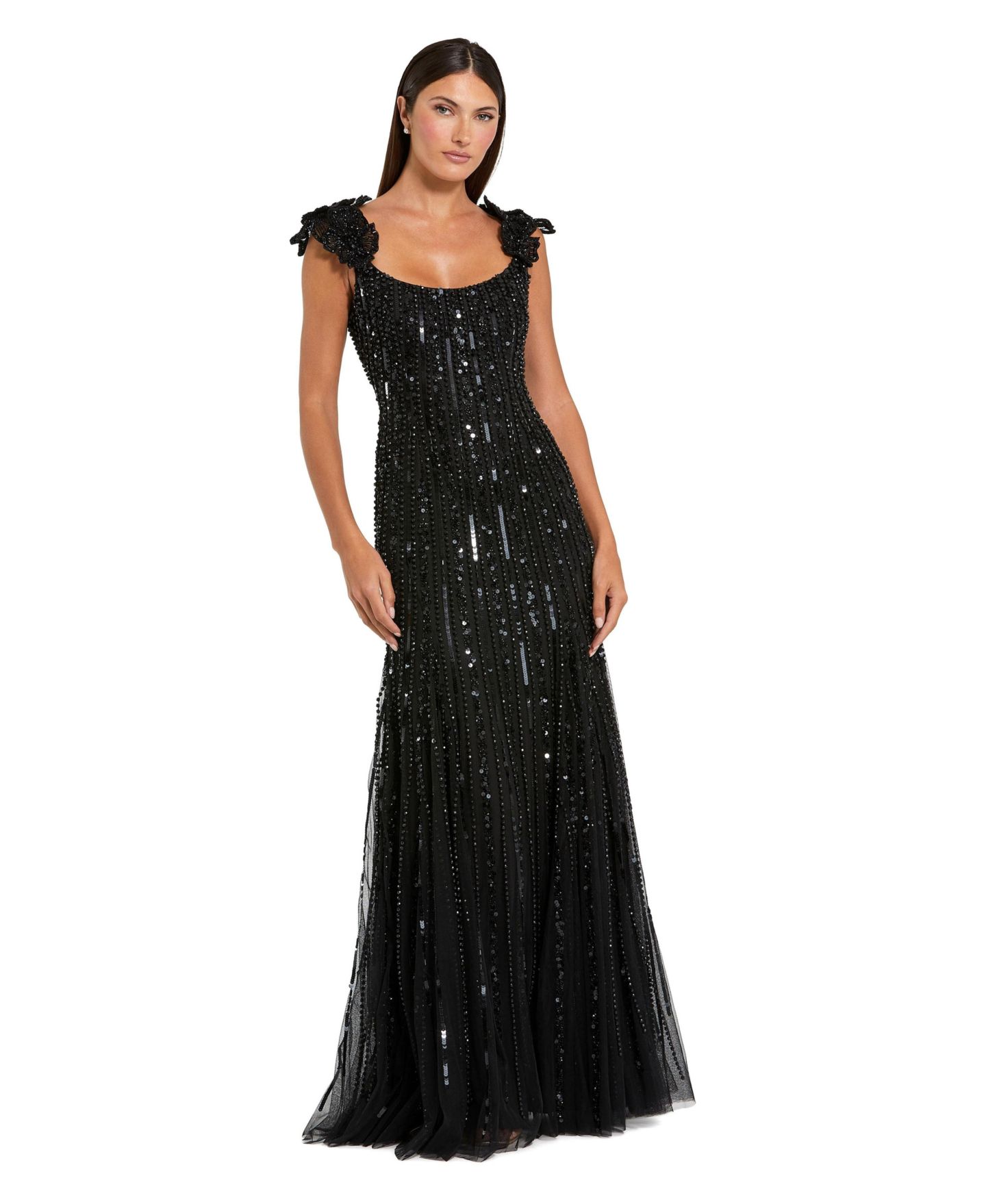 Женское платье Mac Duggal Floral Shoulder Sequin Mesh Evening Gown, цвет: Чёрный — фото 1