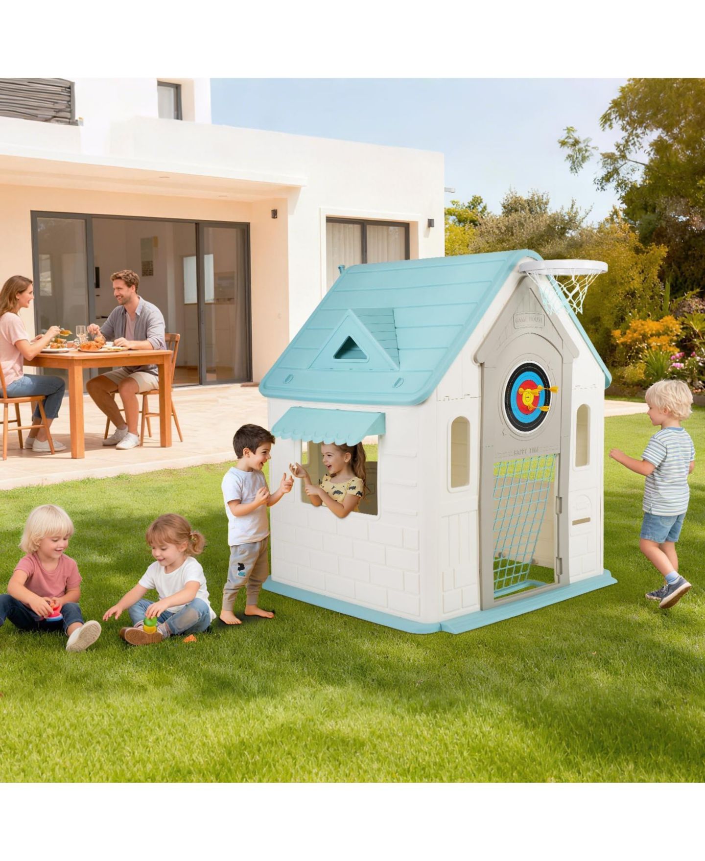 Детская игрушка homfan Kids Outdoor and Indoor Playhouse Cottage, Toddler Playground with Basketball Hoop for Ages plus, цвет: Белый — фото 6