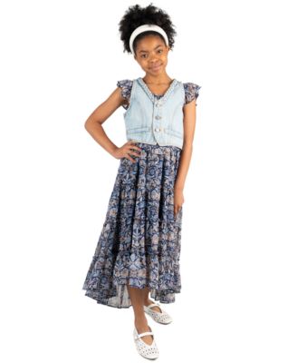 Girls' 7-16 Floral Print Sleeveless Dress and Denim Vest, 2-Piece Set