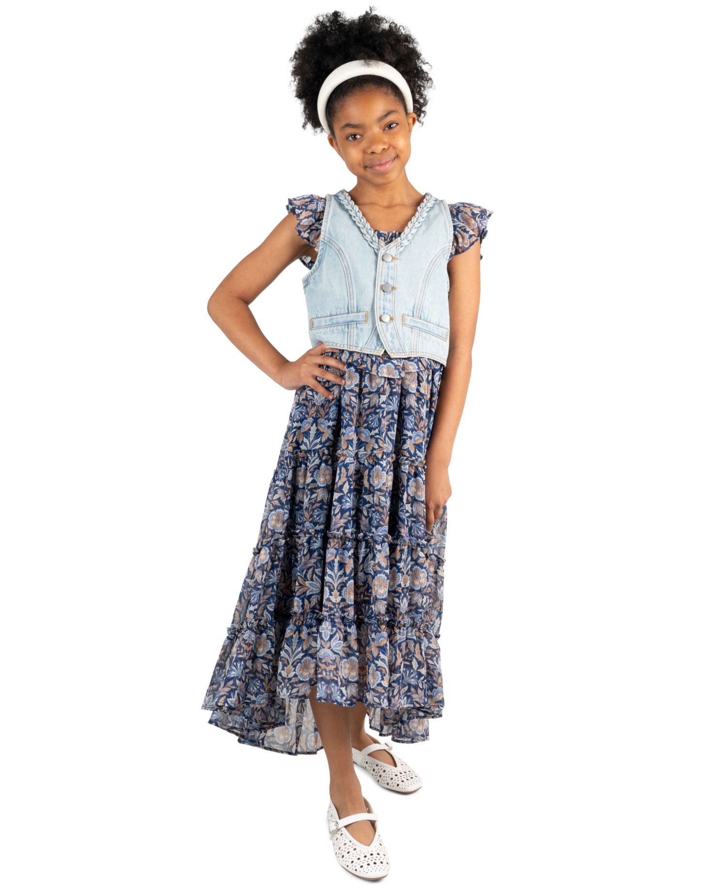 Girls' 7-16 Floral Print Sleeveless Dress and Denim Vest, 2-Piece Set