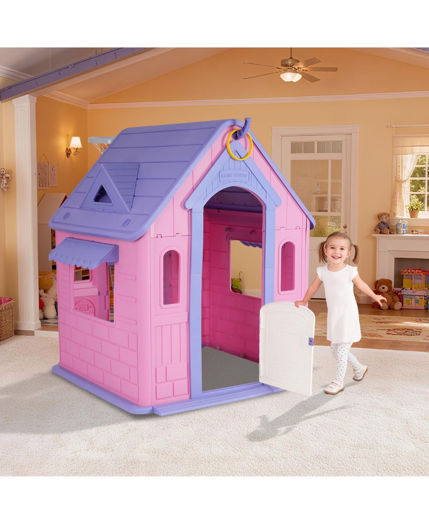 Детская игрушка homfan Kids Outdoor and Indoor Playhouse Cottage, Toddler Playground with Basketball Hoop for Ages 2 — фото 8