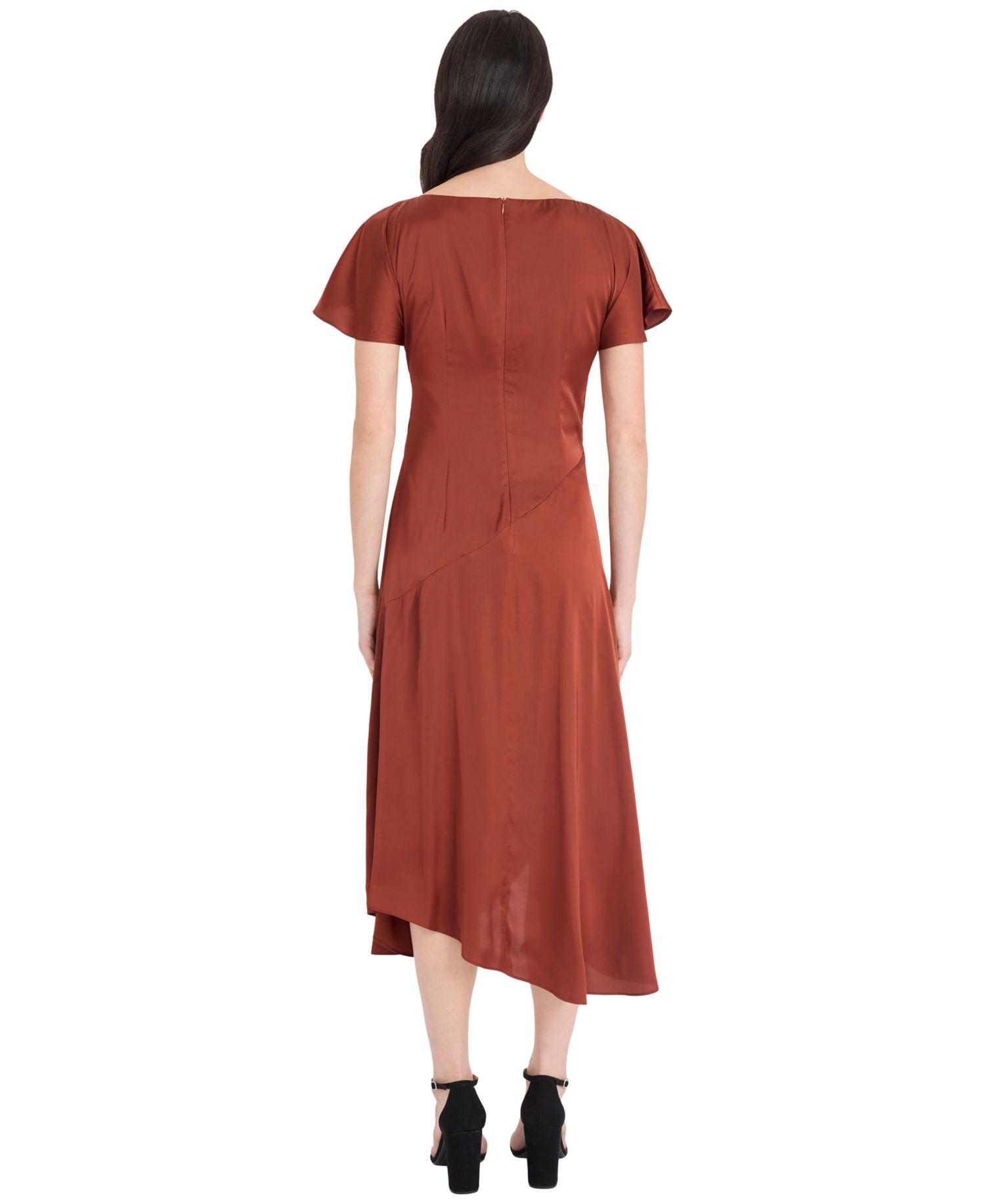 Women's Satin Asymmetrical Ruched Waist Midi Dress