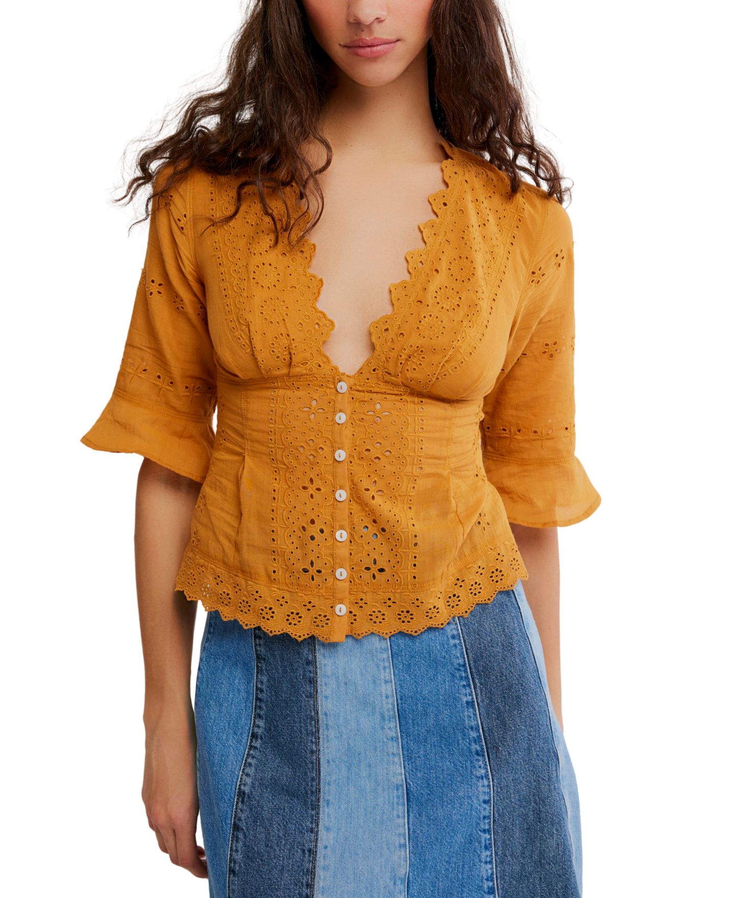 Женский топ Free People Salone Eyelet V-Neck 3/4-Sleeve, цвет: Bronzer — фото 1