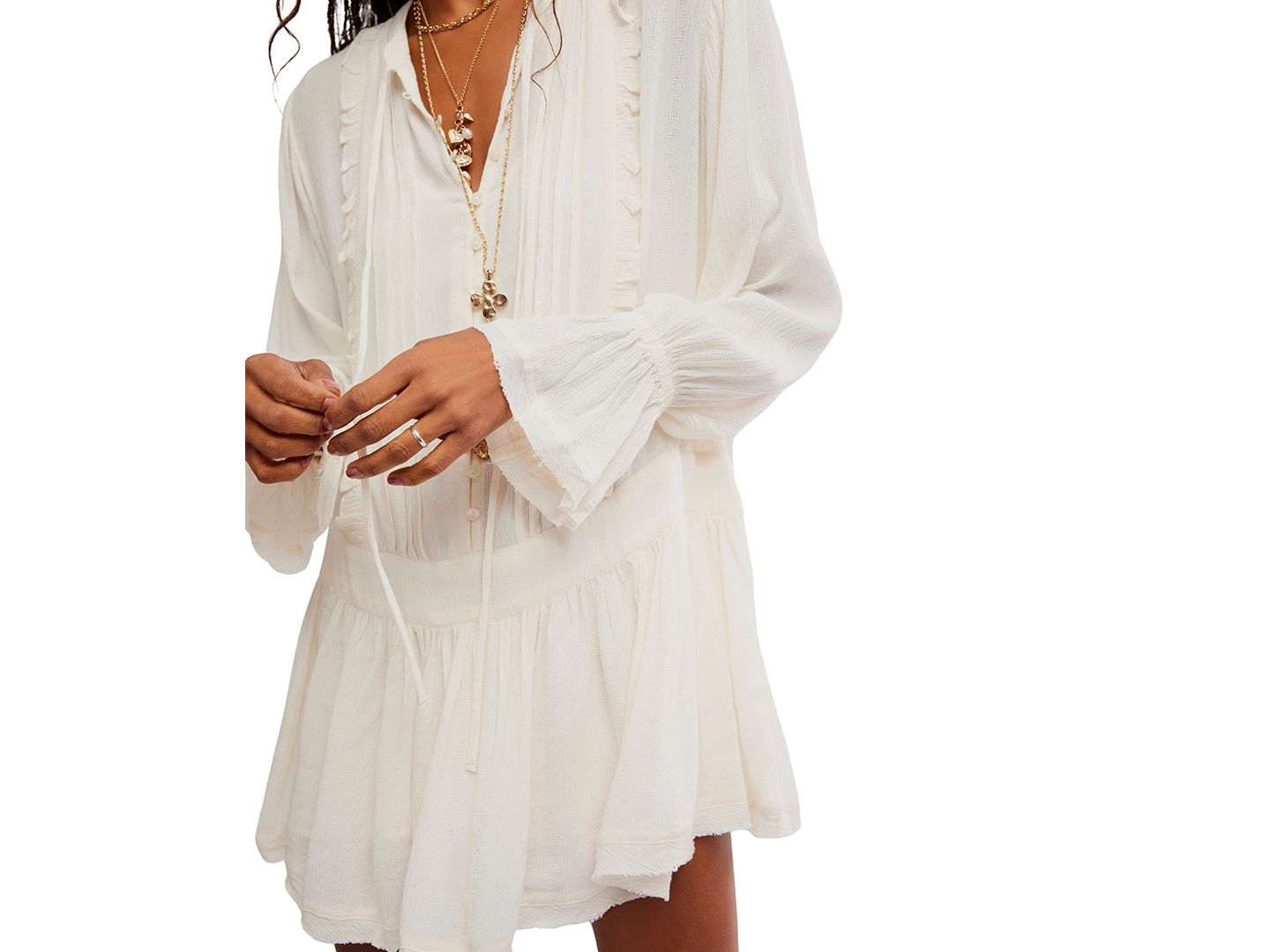 Женское платье Free People Haute Heirloom Long-Sleeve V-Neck Boho Mini, цвет: Sugar Swizzle — фото 4