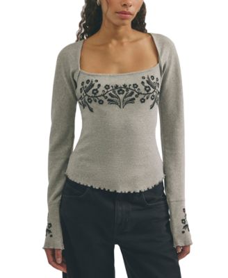Women's Olivia Embroidered Square-Neck Ribbed Knit Cotton-Blend T-Shirt