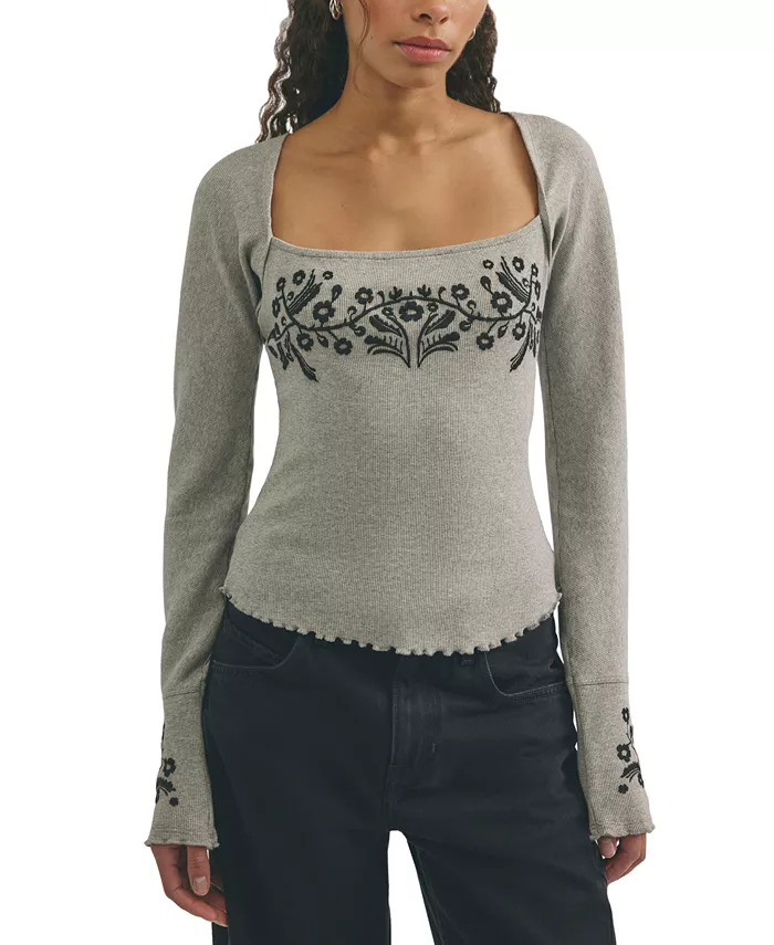Women's Olivia Embroidered Square-Neck Ribbed Knit Cotton-Blend T-Shirt