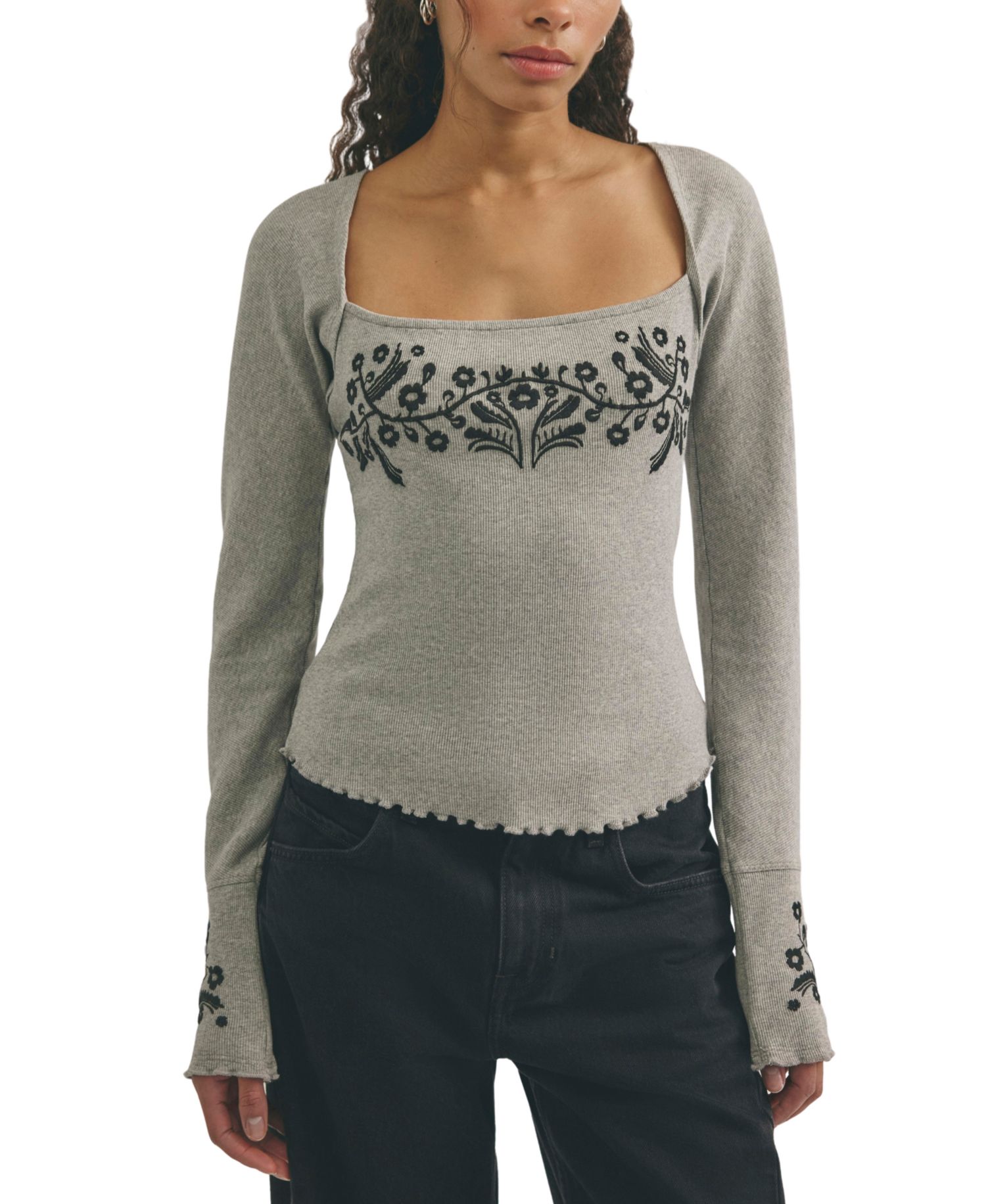 Women's Olivia Embroidered Square-Neck Ribbed Knit Cotton-Blend T-Shirt