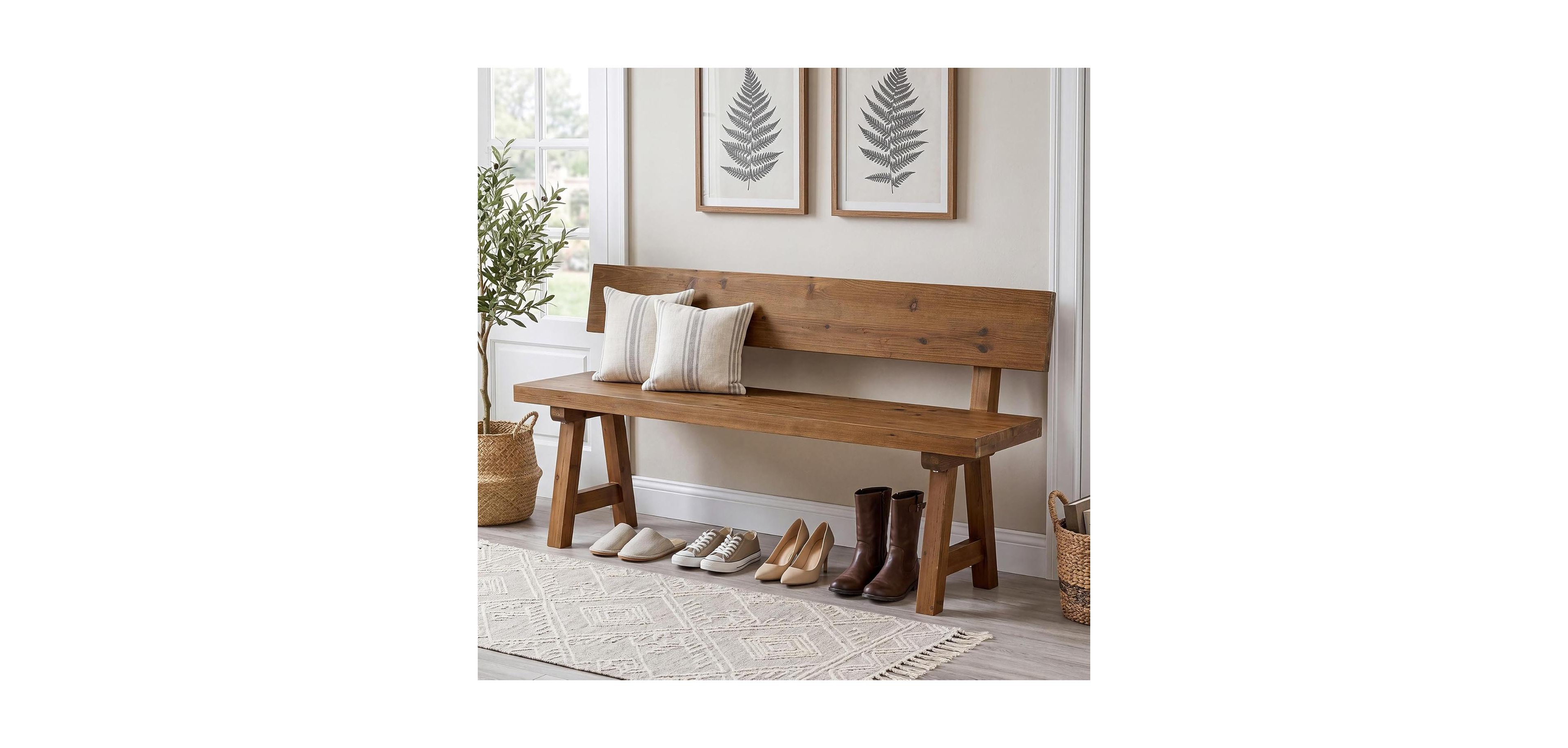 Tribesigns Solid Wood Bench with Back,47-In Long Farmhouse Wooden Indoor Window Bench Seat for Entryway,Mudroom,Living Room,Easy Assembly