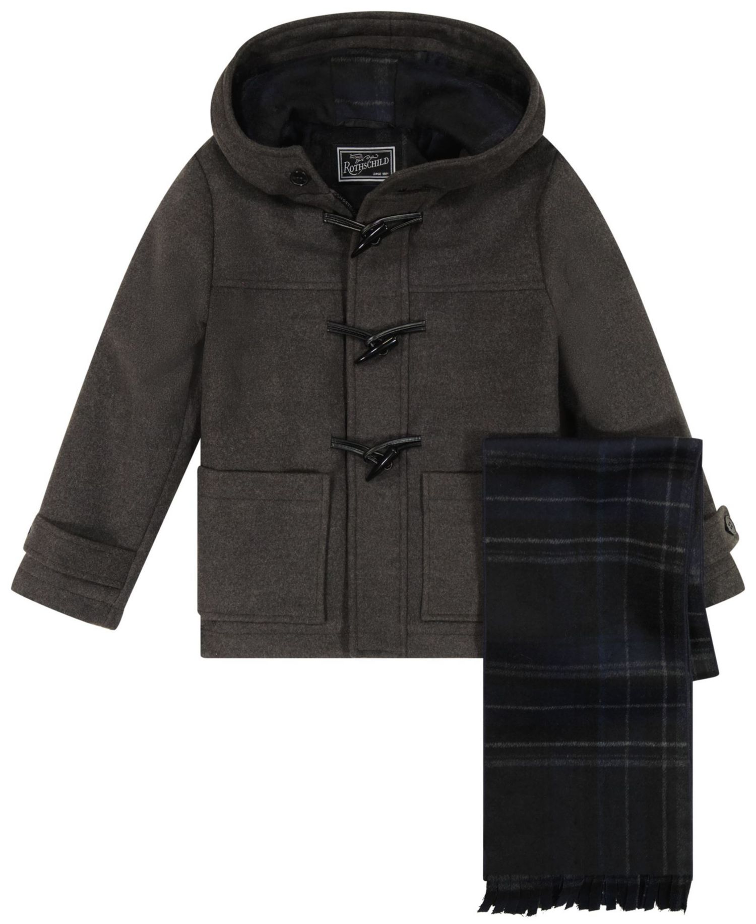 S Rothschild Boys' 6-16 Long-Sleeve Iconic Toggle Coat with Plaid Scarf