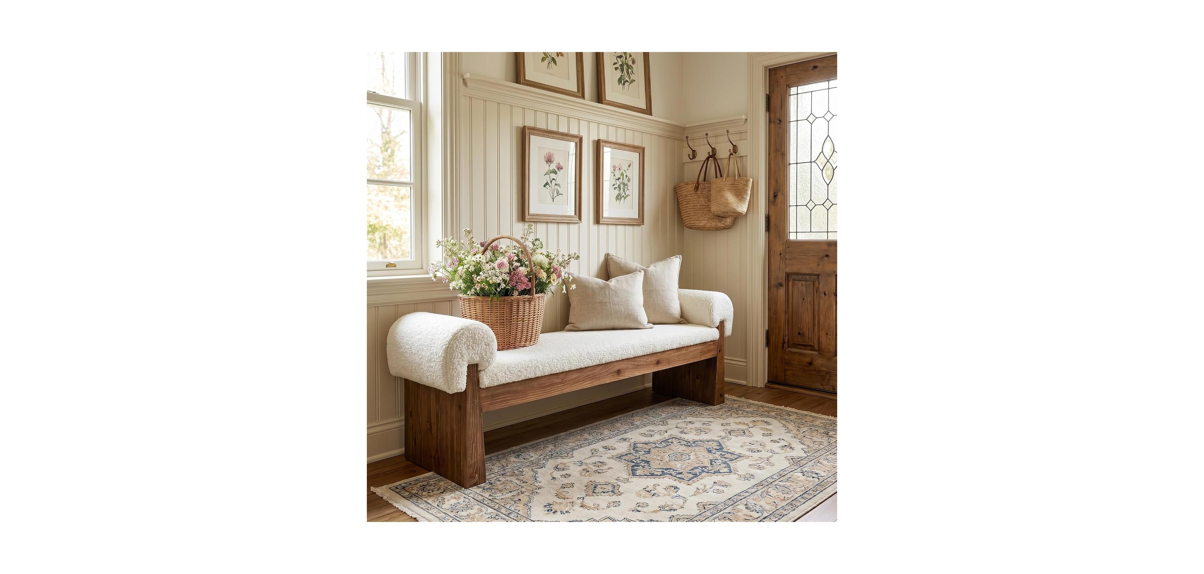 Tribesigns Solid Wood Bench: 55" with removable Sherpa cushion. Shoe bench for entryway, bedroom, living room, hallway.Farmhouse style