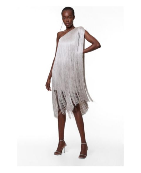 Женское платье Karen Millen One-Shoulder Fringe Mini, цвет: Серебряный