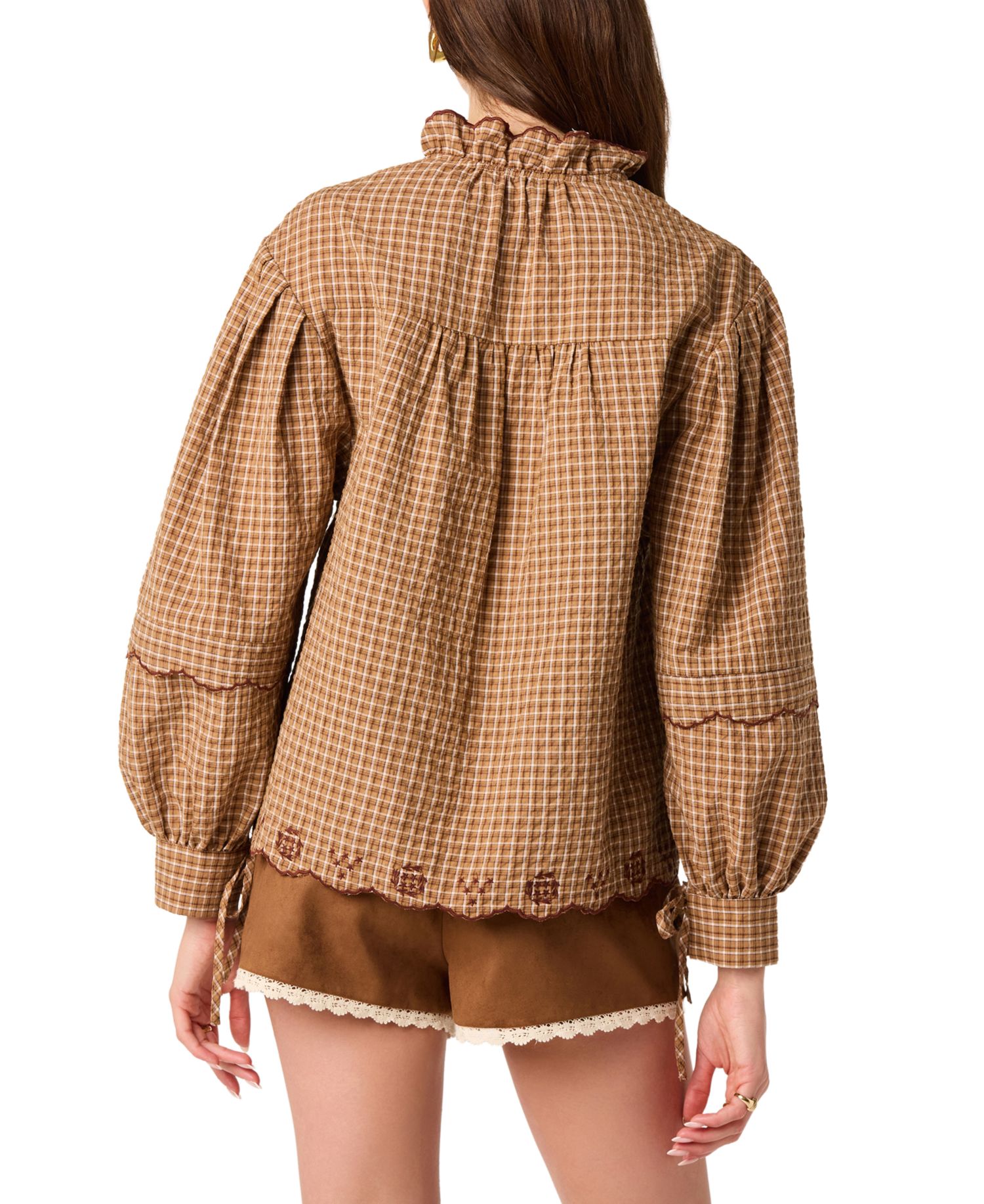 Women's Taliyah Plaid Long Balloon-Sleeve Ruffled Collar Blouse