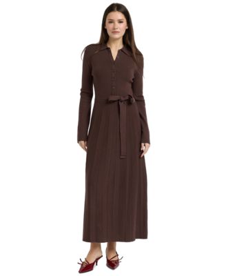 Women's Collared Button-Front Tie-Waist Pleated Knit Maxi Dress