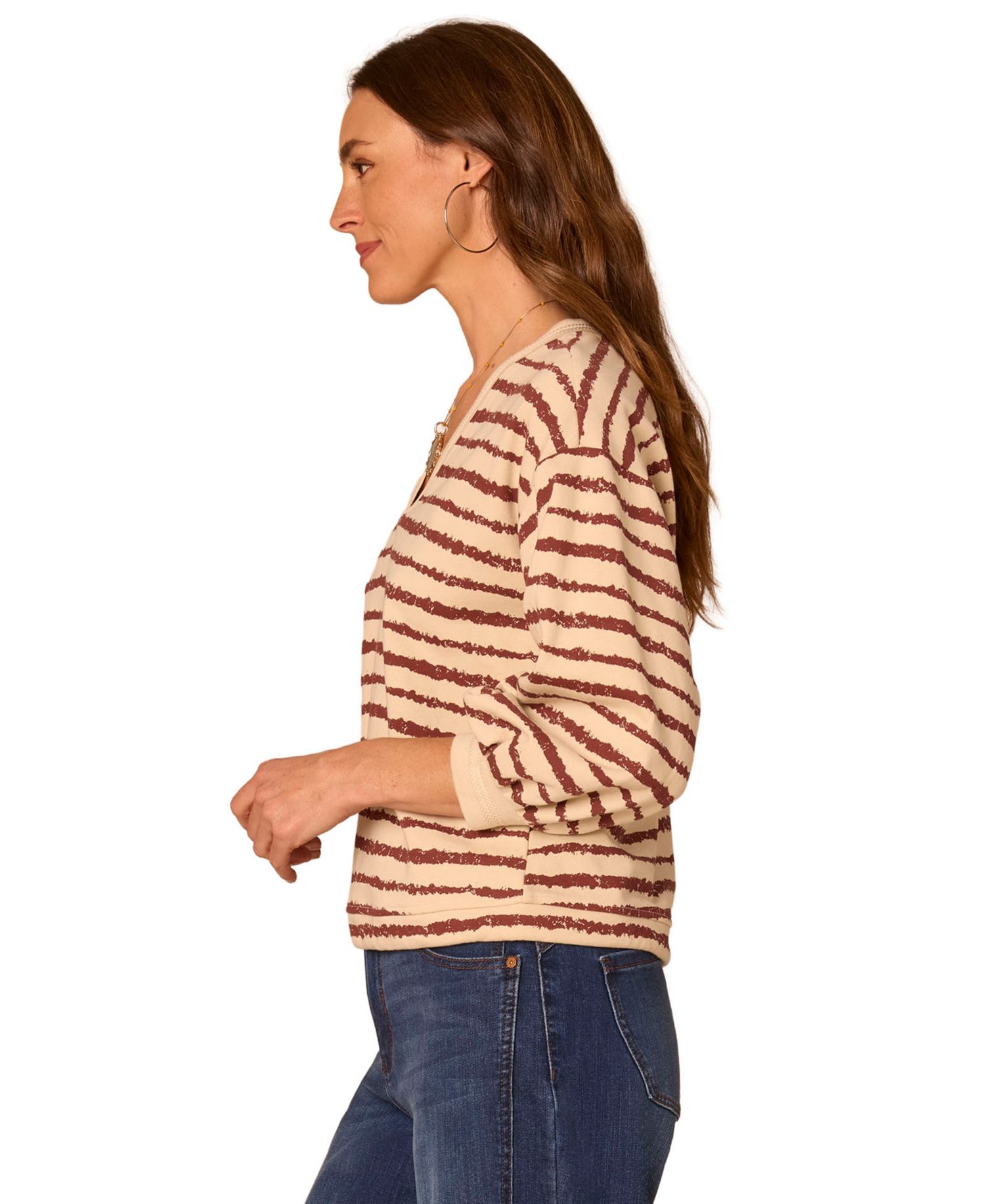 Petite Striped 3/4-Sleeve Blouson V-Neck Top