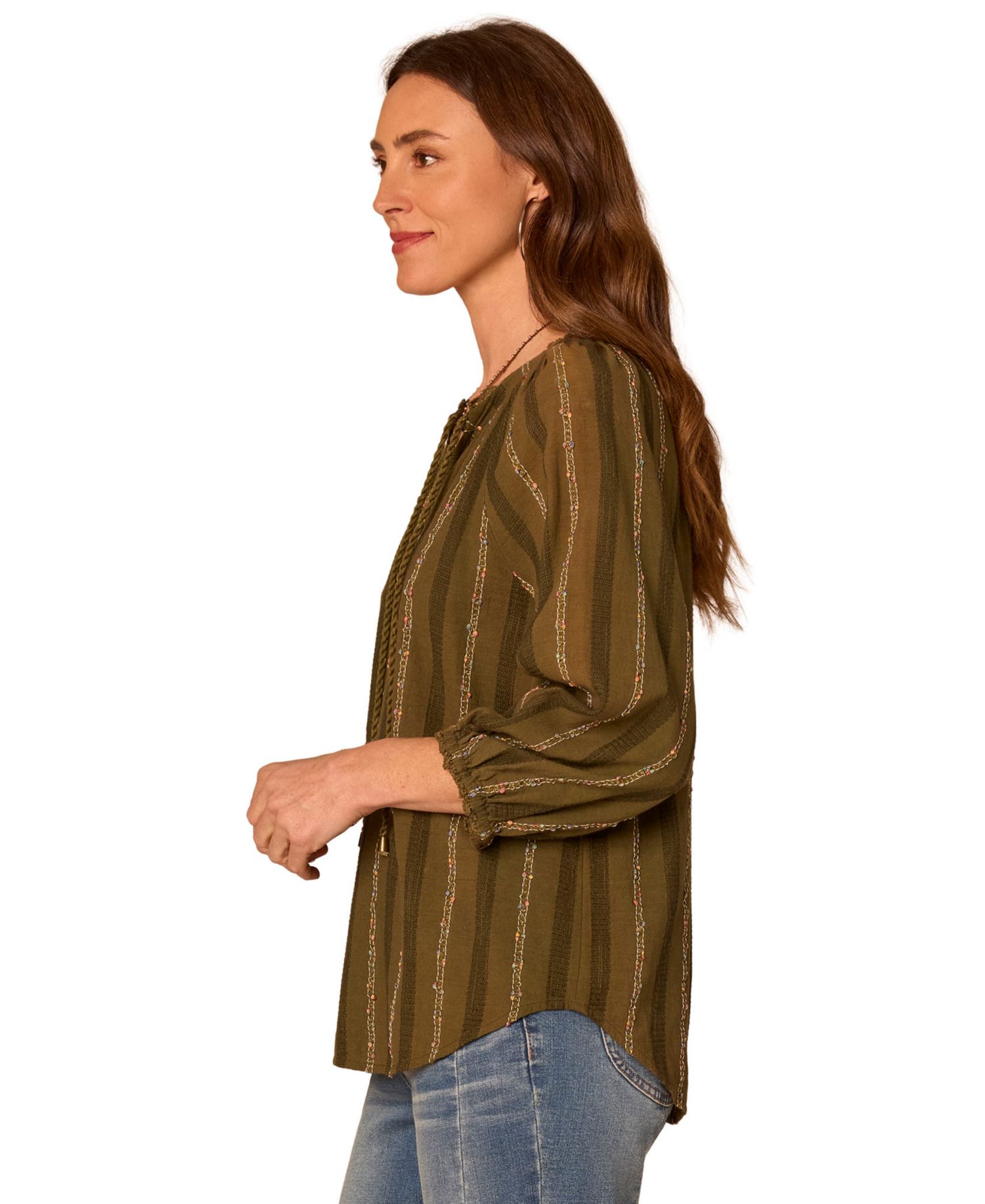 Petite 3/4 Blouson-Sleeve Split-Neck Blouse