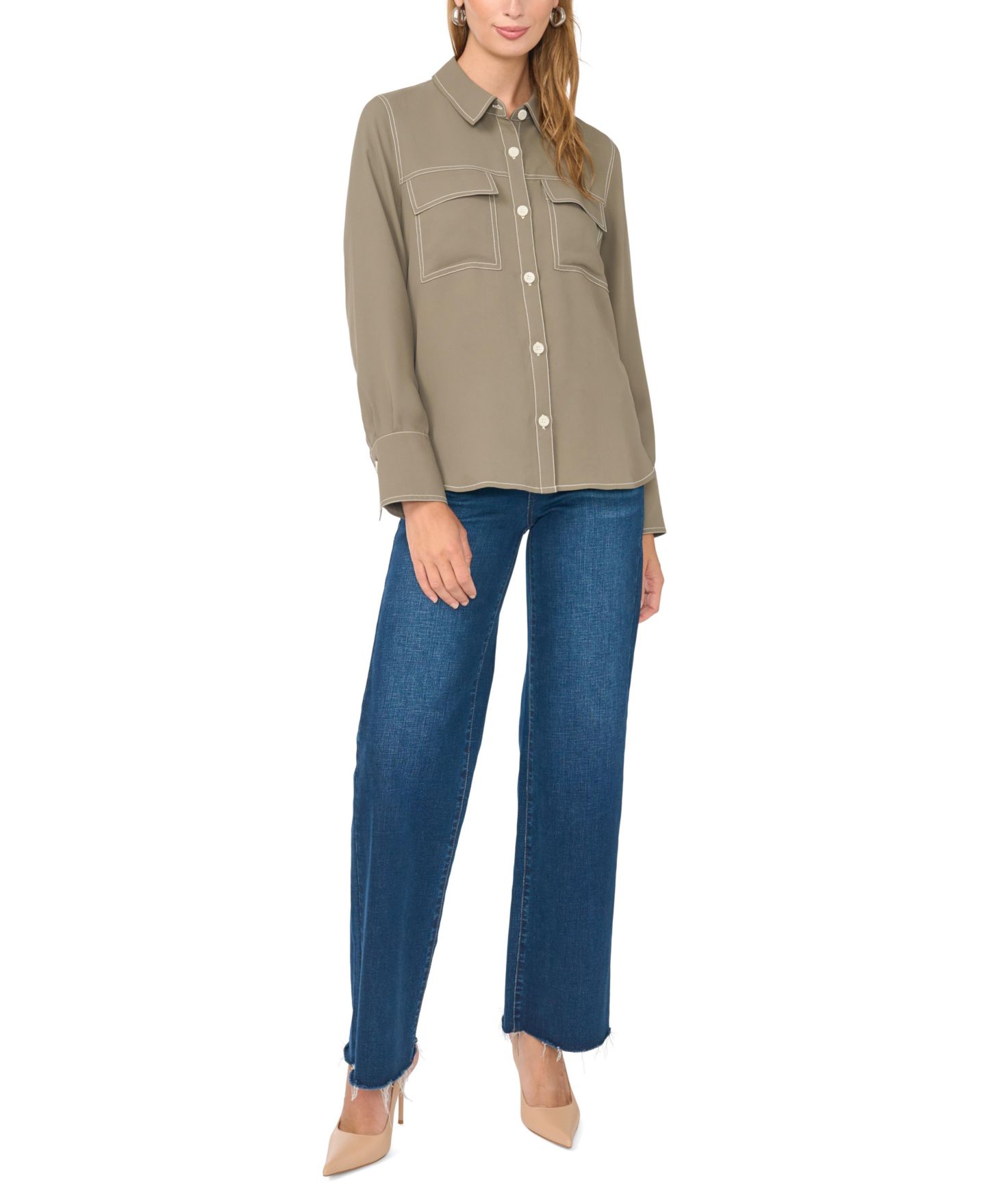 Женский топ Vince Camuto Contrast Stitch Button Front Collared Top, цвет: Изумрудный — фото 2