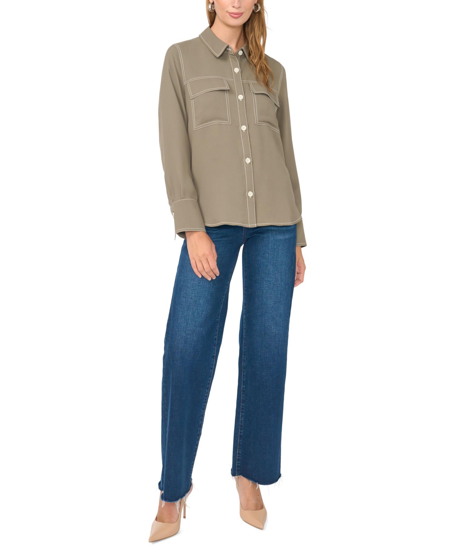 Women's Contrast Stitch Button Front Collared Top
