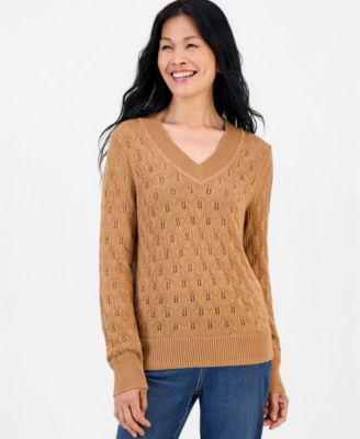 Women's V-Neck Cotton Pointelle Sweater