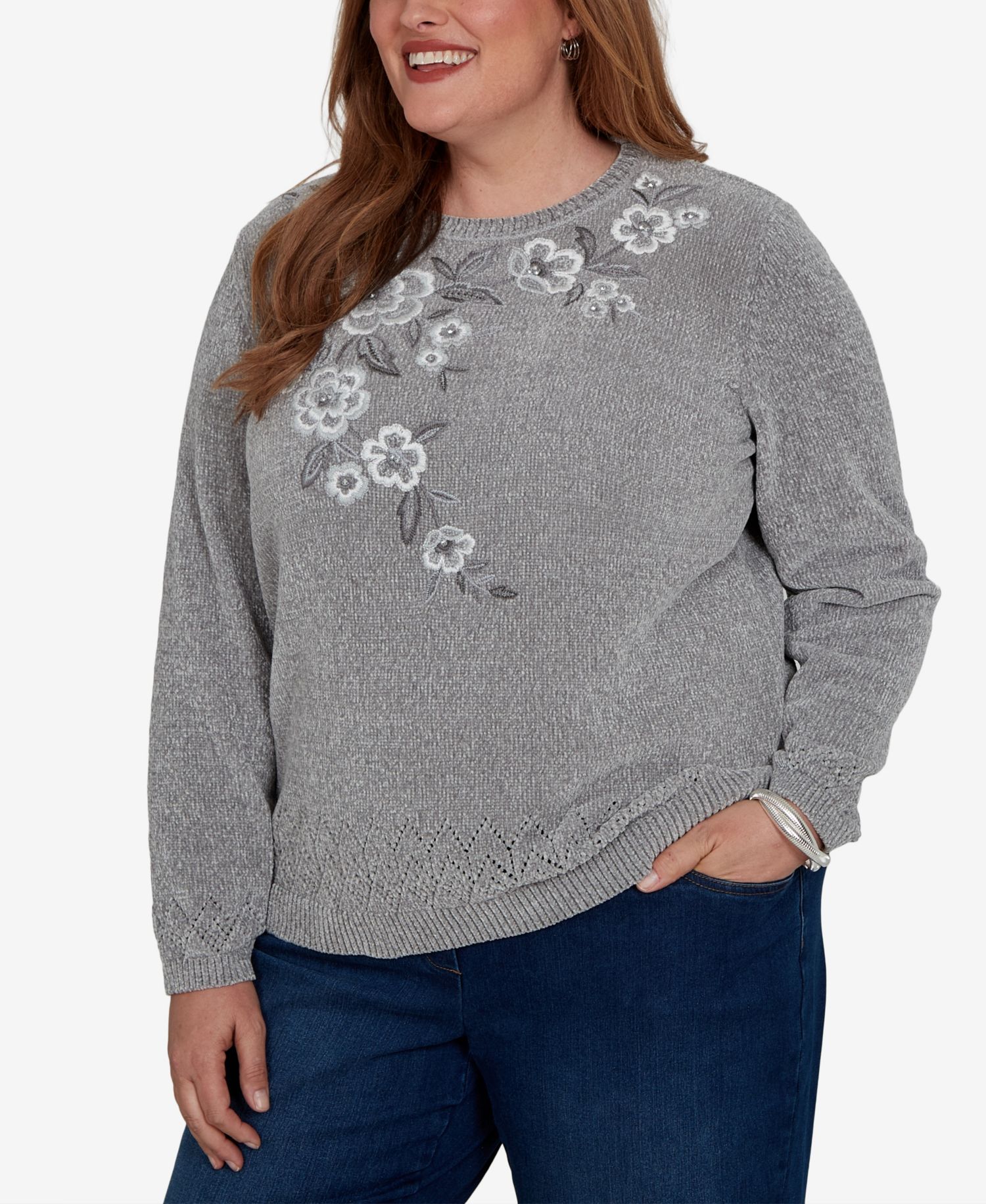 Plus Size Embroidered Floral Textured Chenille Sweater