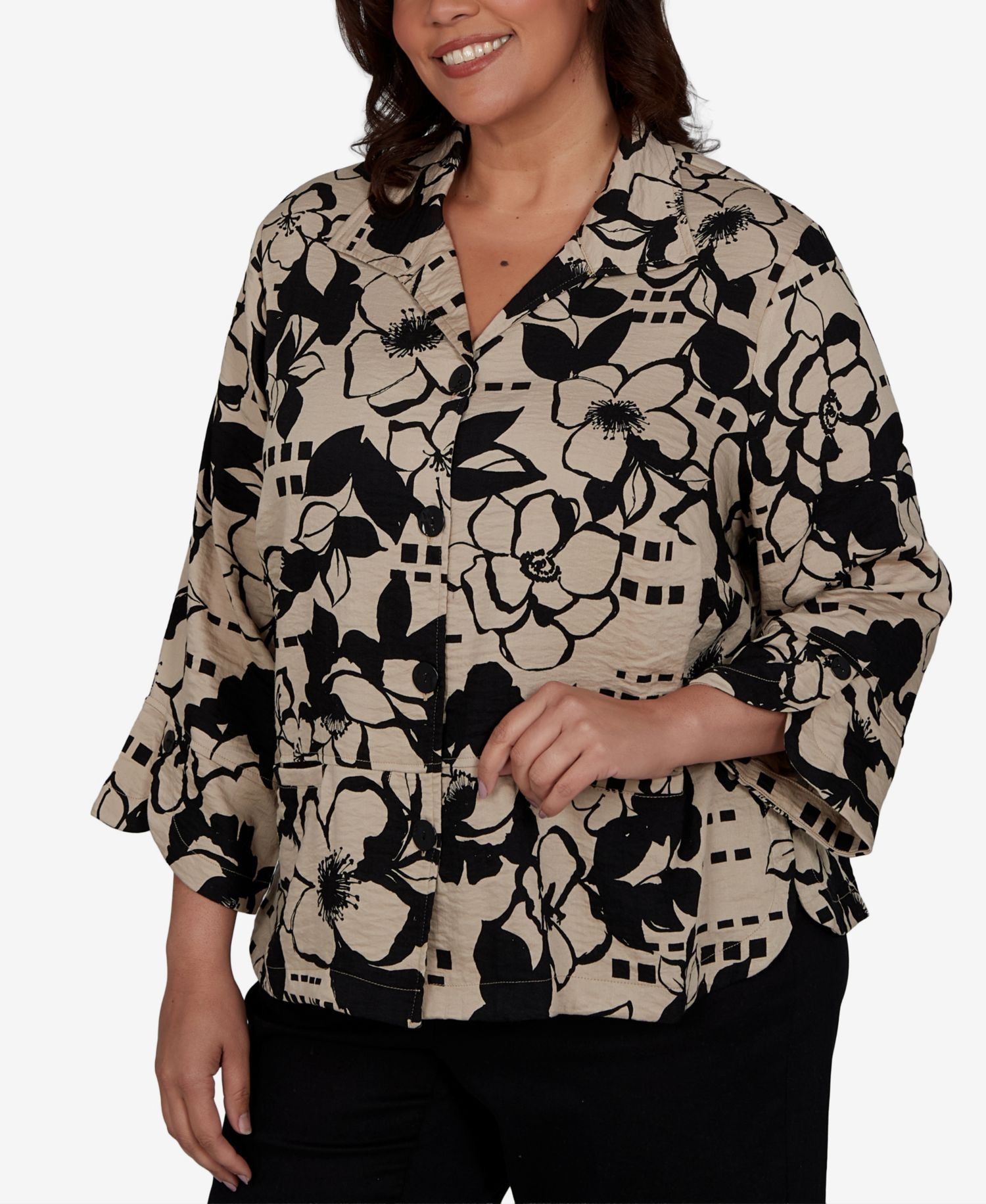 Plus Size Geo Floral Button-Front Top