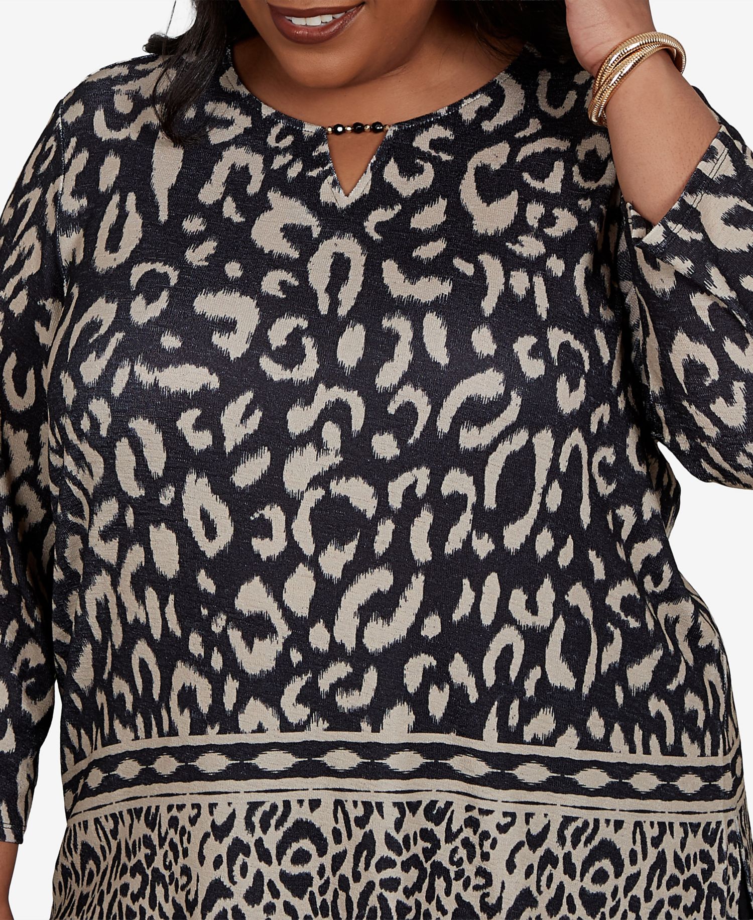 Plus Size Travel Advisory Animal-Print 3/4-Sleeve Split-Neck Top