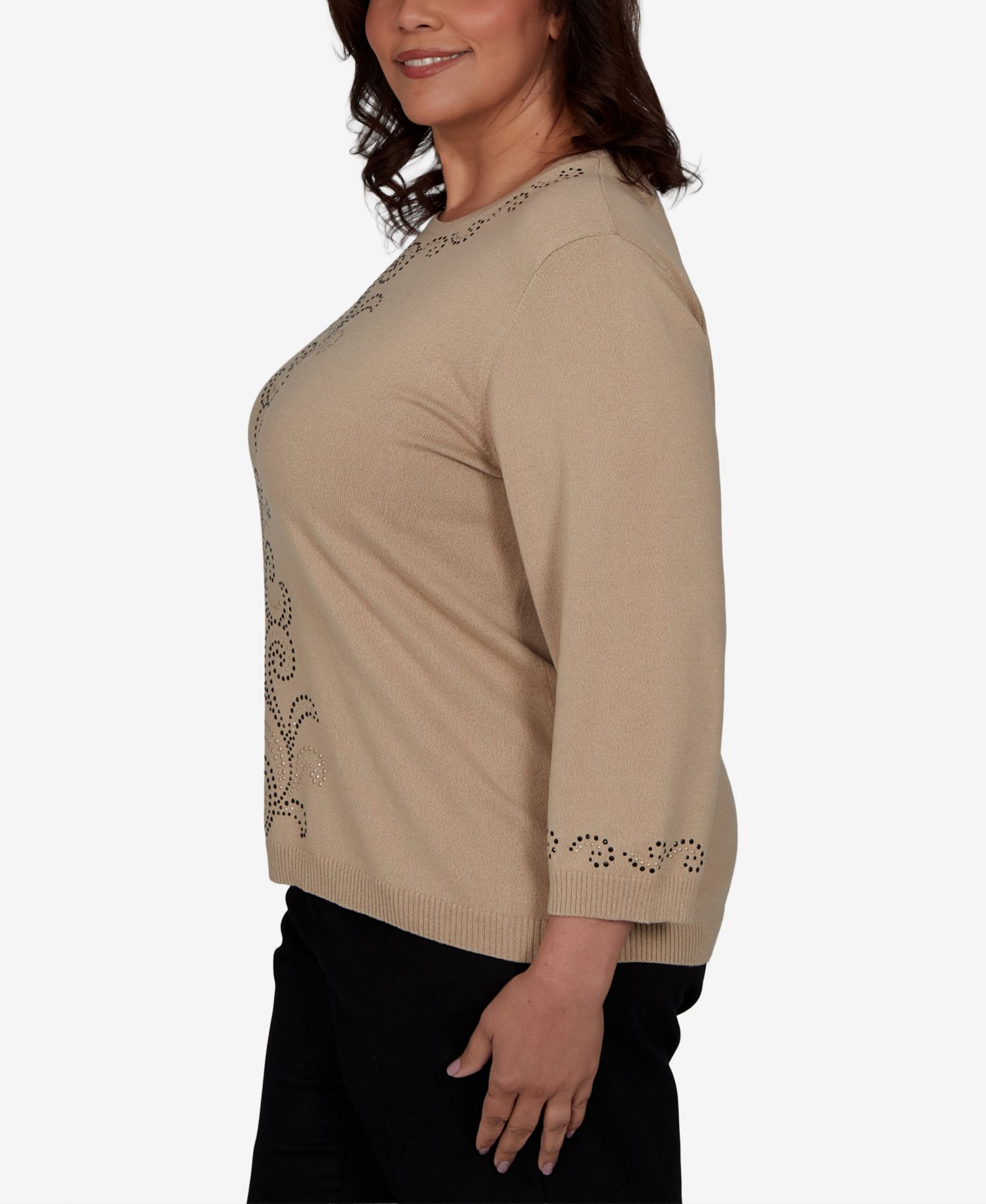 Plus Size Travel Advisory Beaded Scroll 3/4-Sleeve Sweater