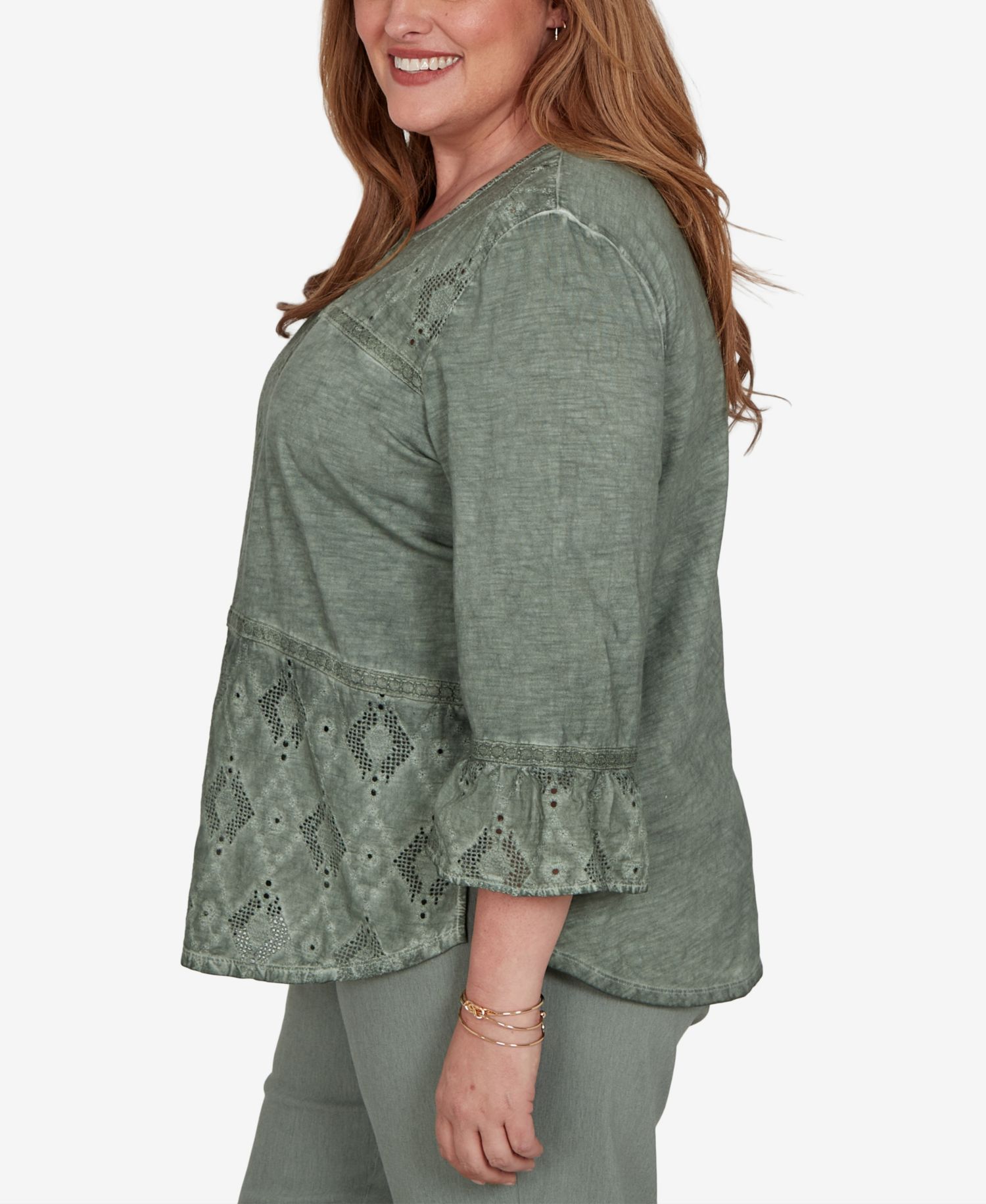Plus Size Provence Tonal Spliced Patchwork 3/4 Sleeve Blouse